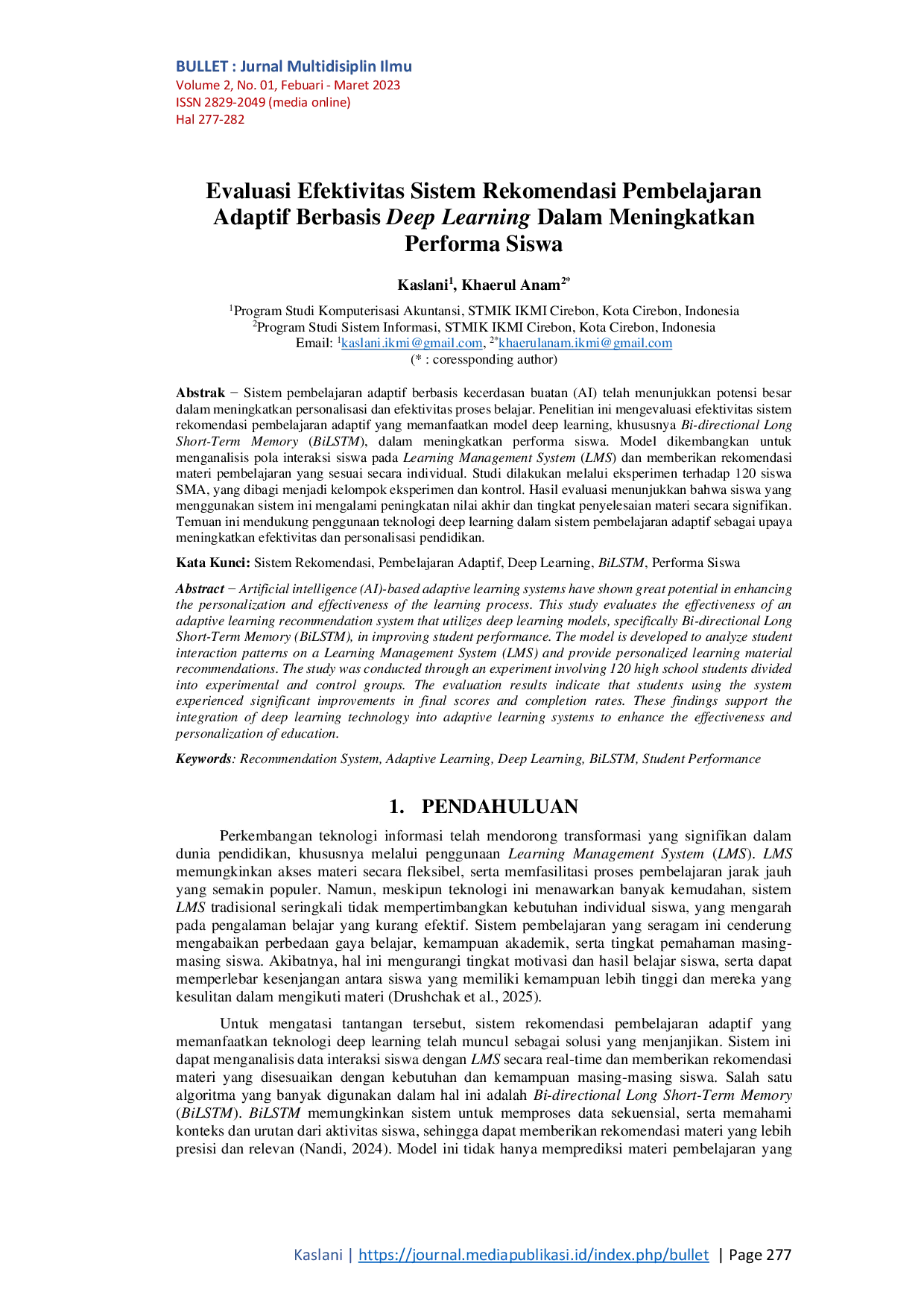 JURIS Evaluasi Efektivitas Sistem Rekomendasi Pembelajaran Adaptif Berbasis Deep Learning Dalam Meningkatkan Performa Siswa