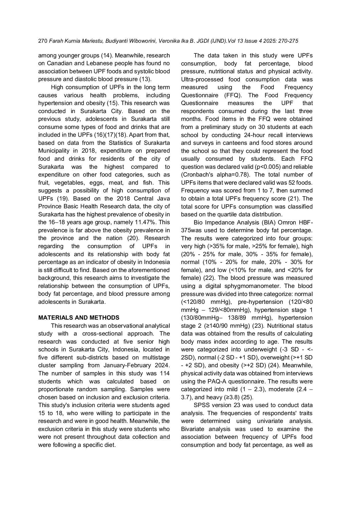 JURIS Relationship Between Ultra Processed Food Consumption With Body Fat Percentage and Blood Pressure in Adolescence