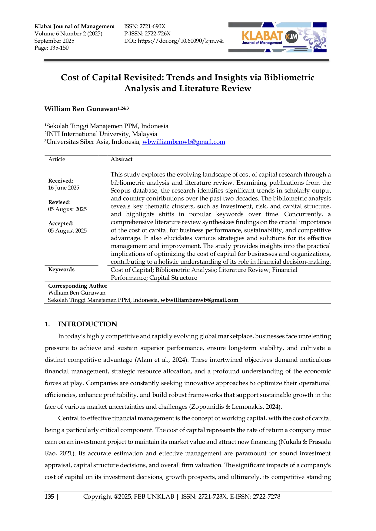 JURIS Cost of Capital Revisited Trends and Insights via Bibliometric Analysis and Literature Review