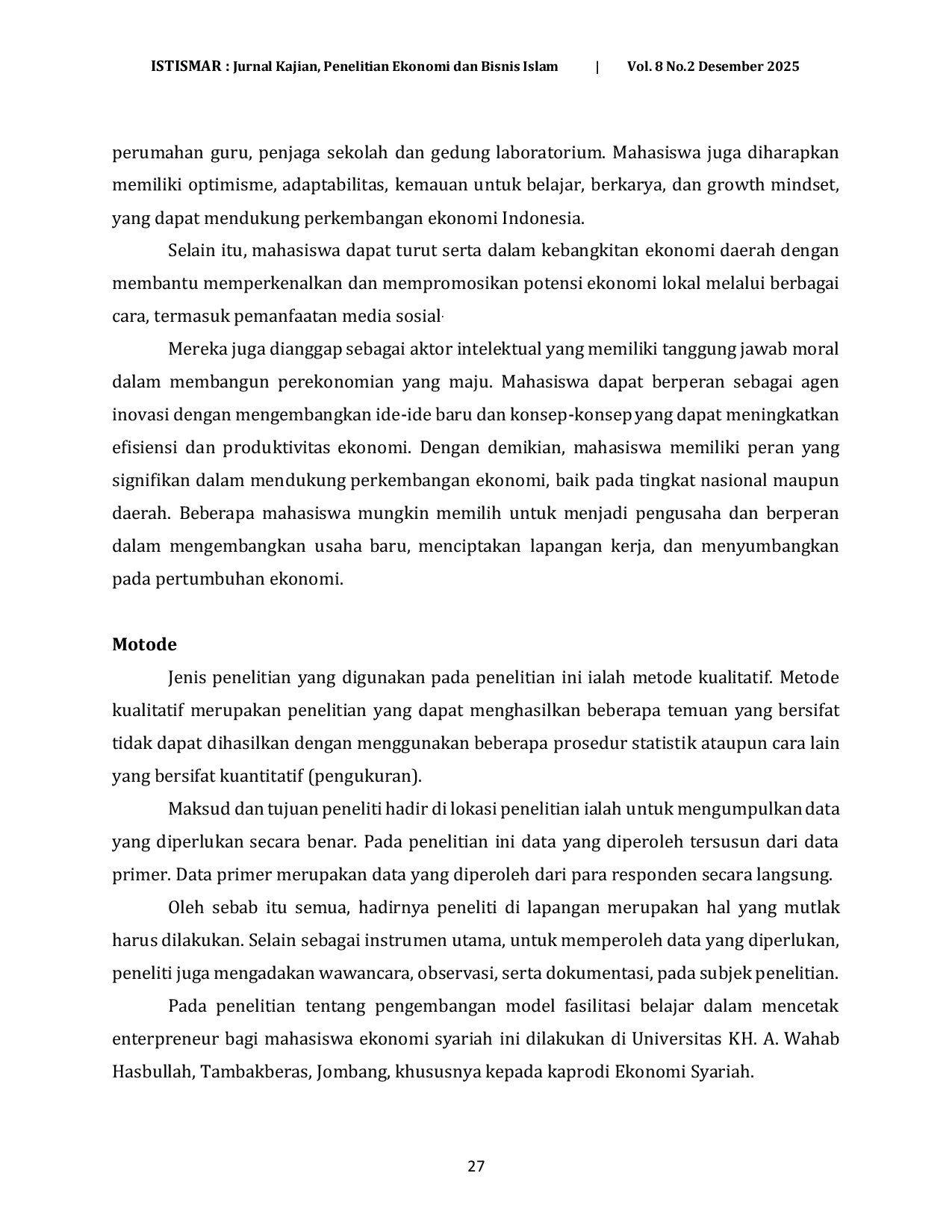 JURIS Pengembangan Model Fasilitas Belajar Dalam Mencetak Entrepreneur Bagi Mahasiswa Ekonomi Syariah