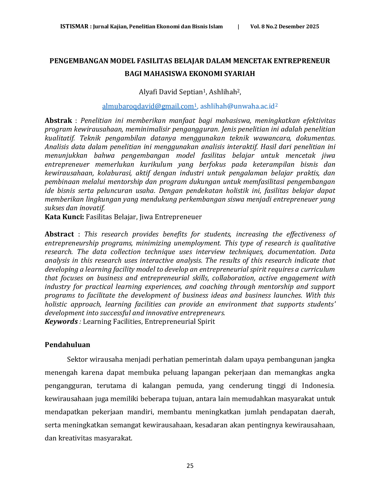 JURIS Pengembangan Model Fasilitas Belajar Dalam Mencetak Entrepreneur Bagi Mahasiswa Ekonomi Syariah