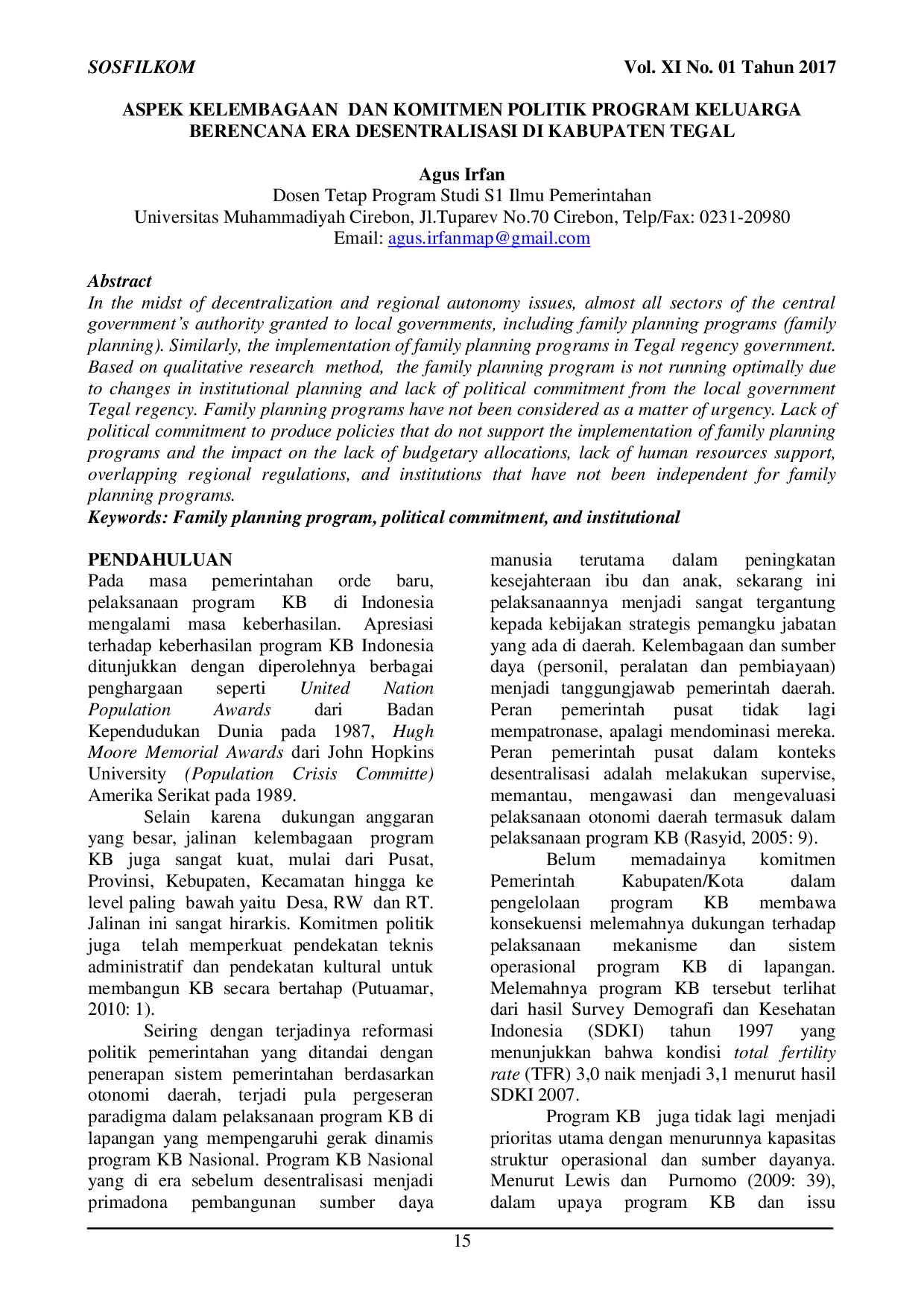 JURIS Aspek Kelembagaan dan Komitmen Politik Program Keluarga Berencana Era Desentralisasi di Kabupaten Tegal
