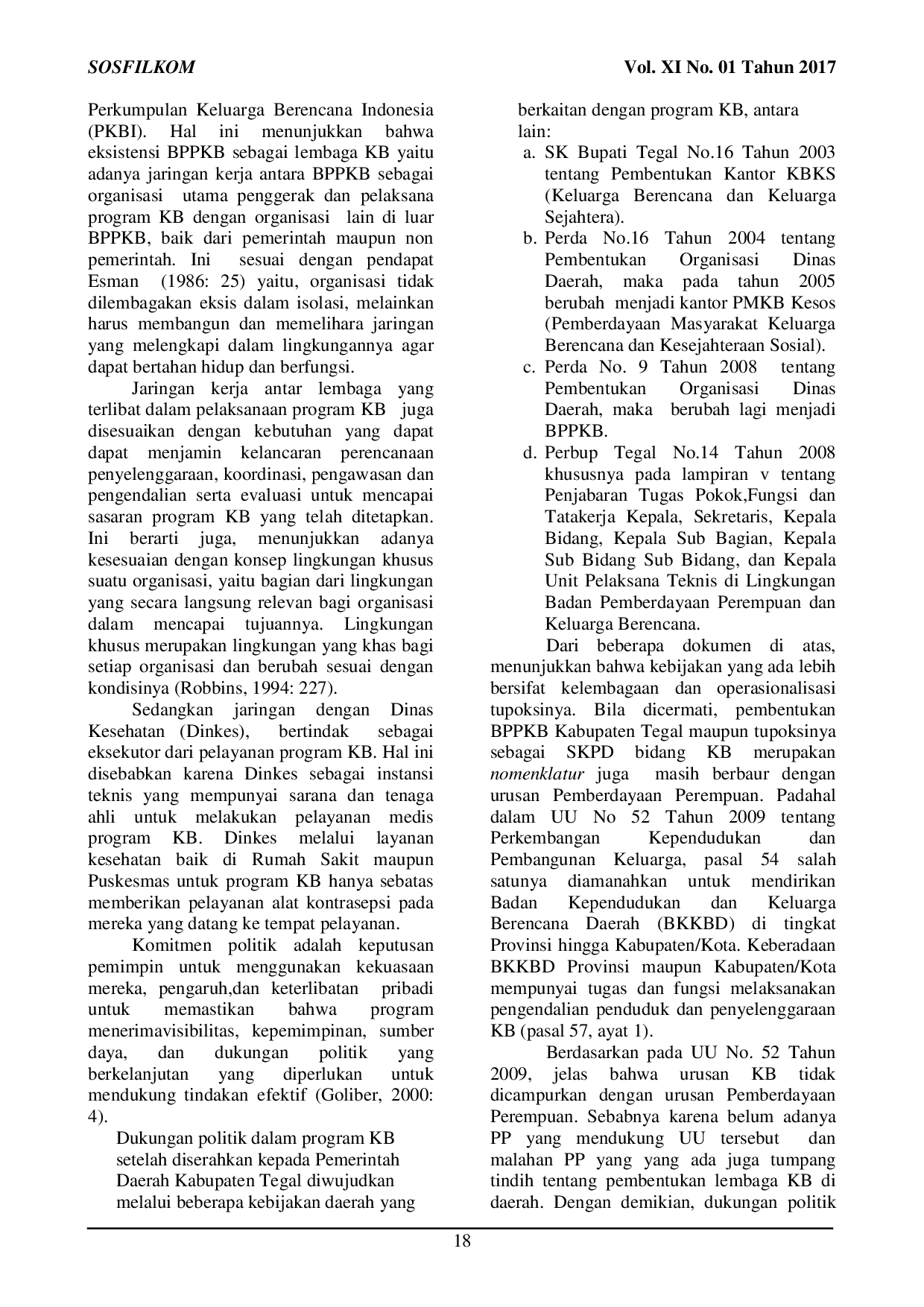 JURIS Aspek Kelembagaan dan Komitmen Politik Program Keluarga Berencana Era Desentralisasi di Kabupaten Tegal