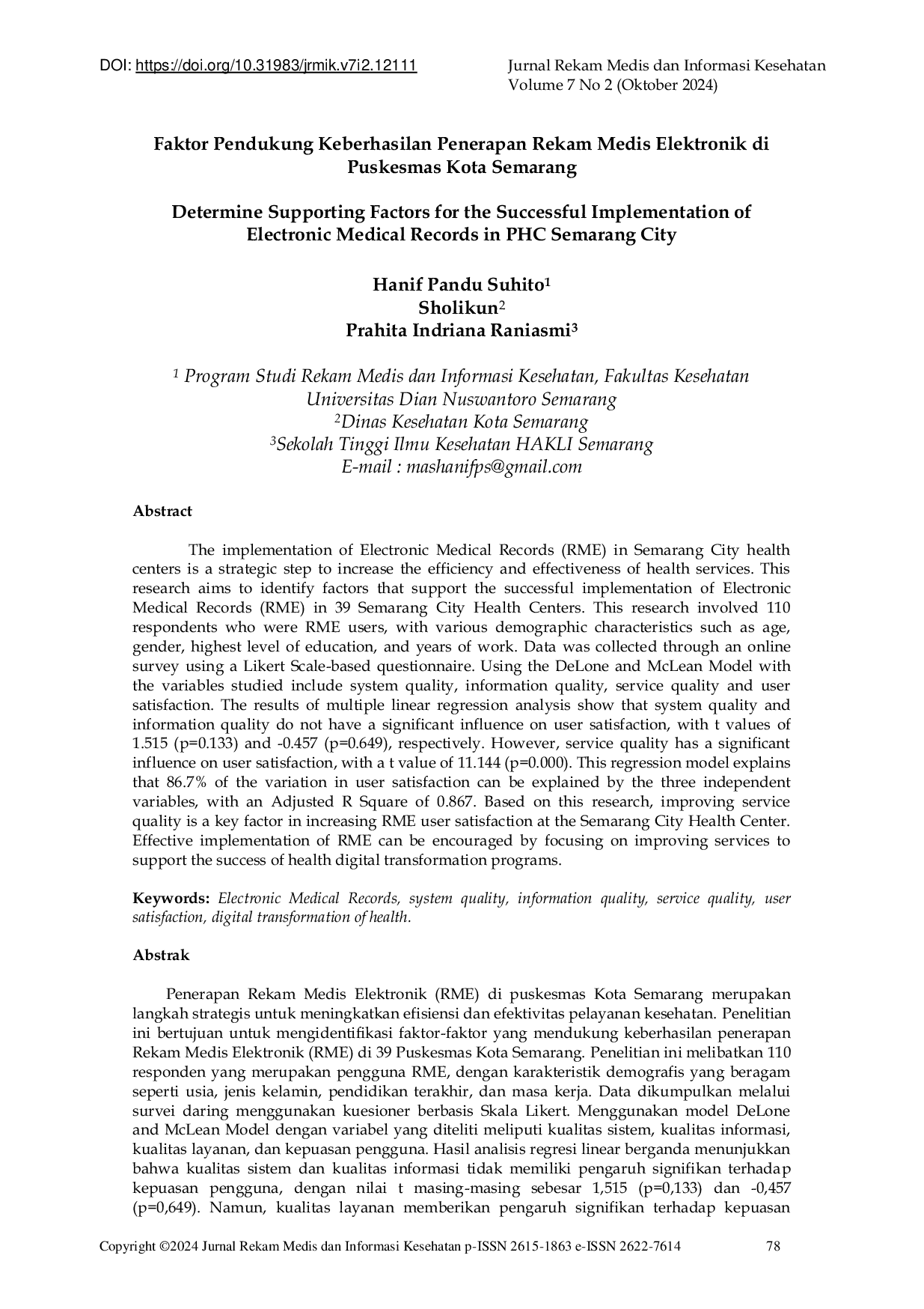 JURIS Determine Supporting Factors for the Successful Implementation of Electronic Medical Records in PHC Semarang City