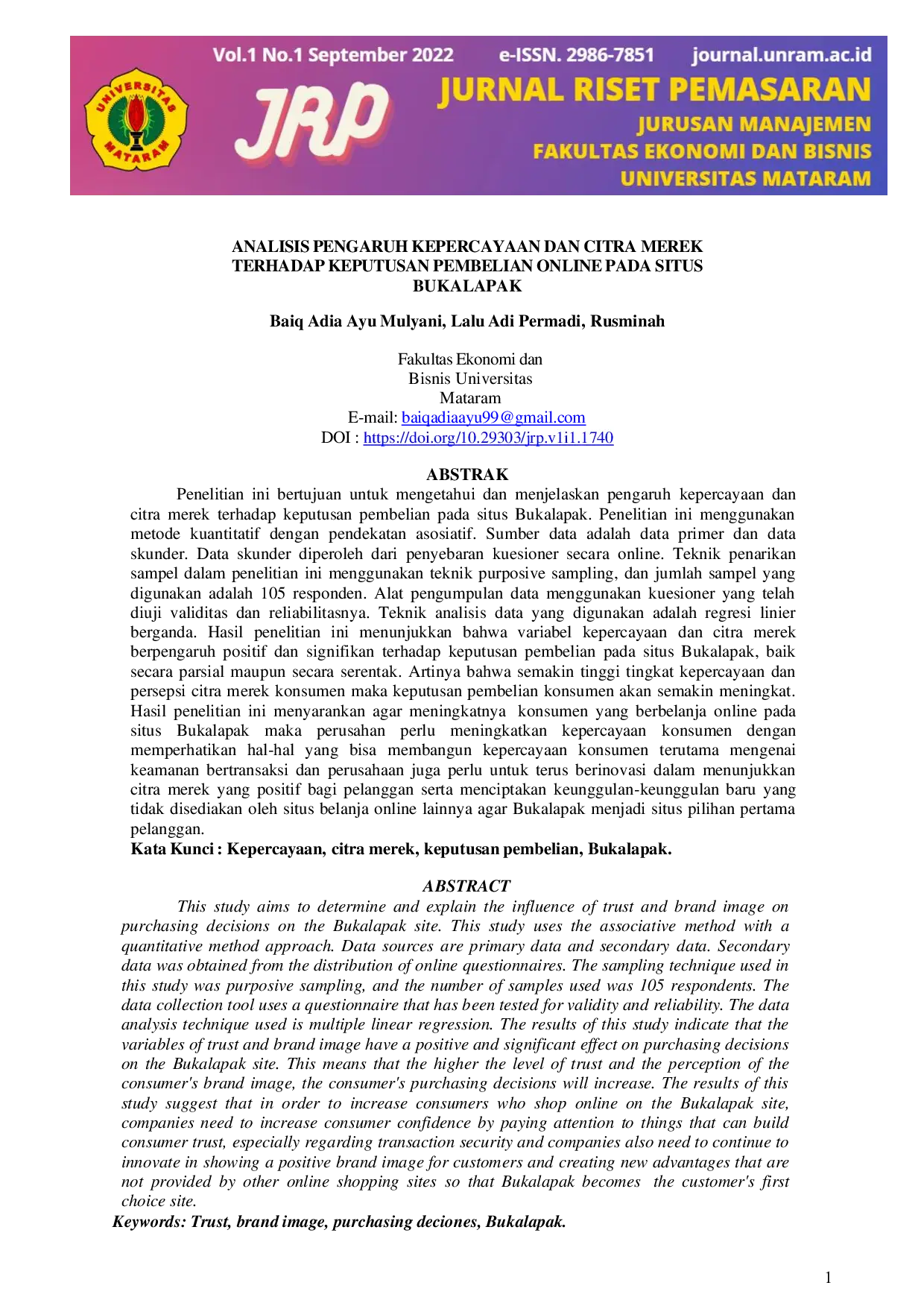JURIS Analisis Pengaruh Kepercayaan dan Citra Merek Terhadap Keputusan Pembelian Online pada Situs Bukalapak