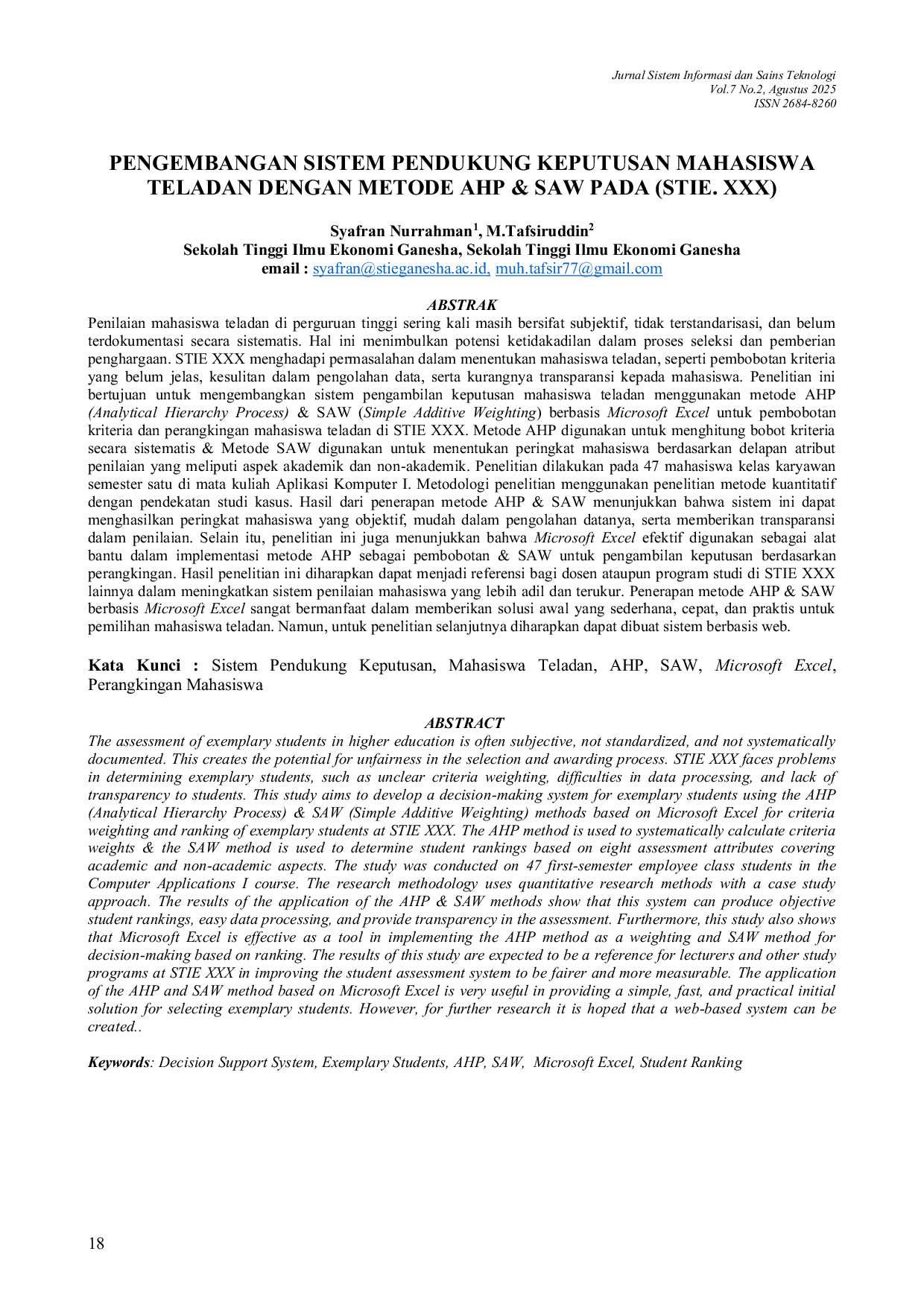 JURIS Pengembangan Sistem Pendukung Keputusan Mahasiswa Teladan Dengan Metode AHP SAW Berbasis Microsoft Excel STIE XXX