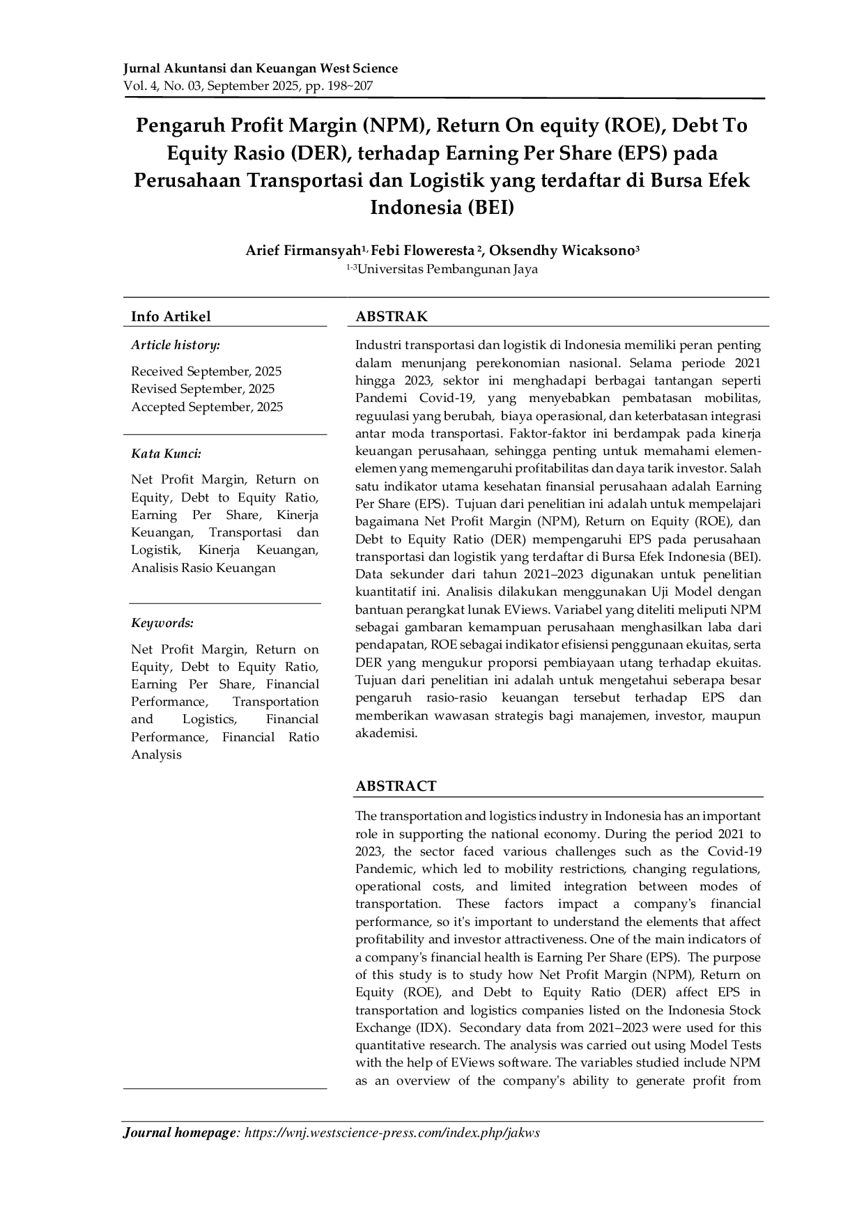 JURIS Pengaruh Profit Margin NPM Return On equity ROE Debt To Equity Rasio DER terhadap Earning Per Share EPS pada Perusahaan Transportasi dan Logistik yang terdaftar di Bursa Efek Indonesia BEI