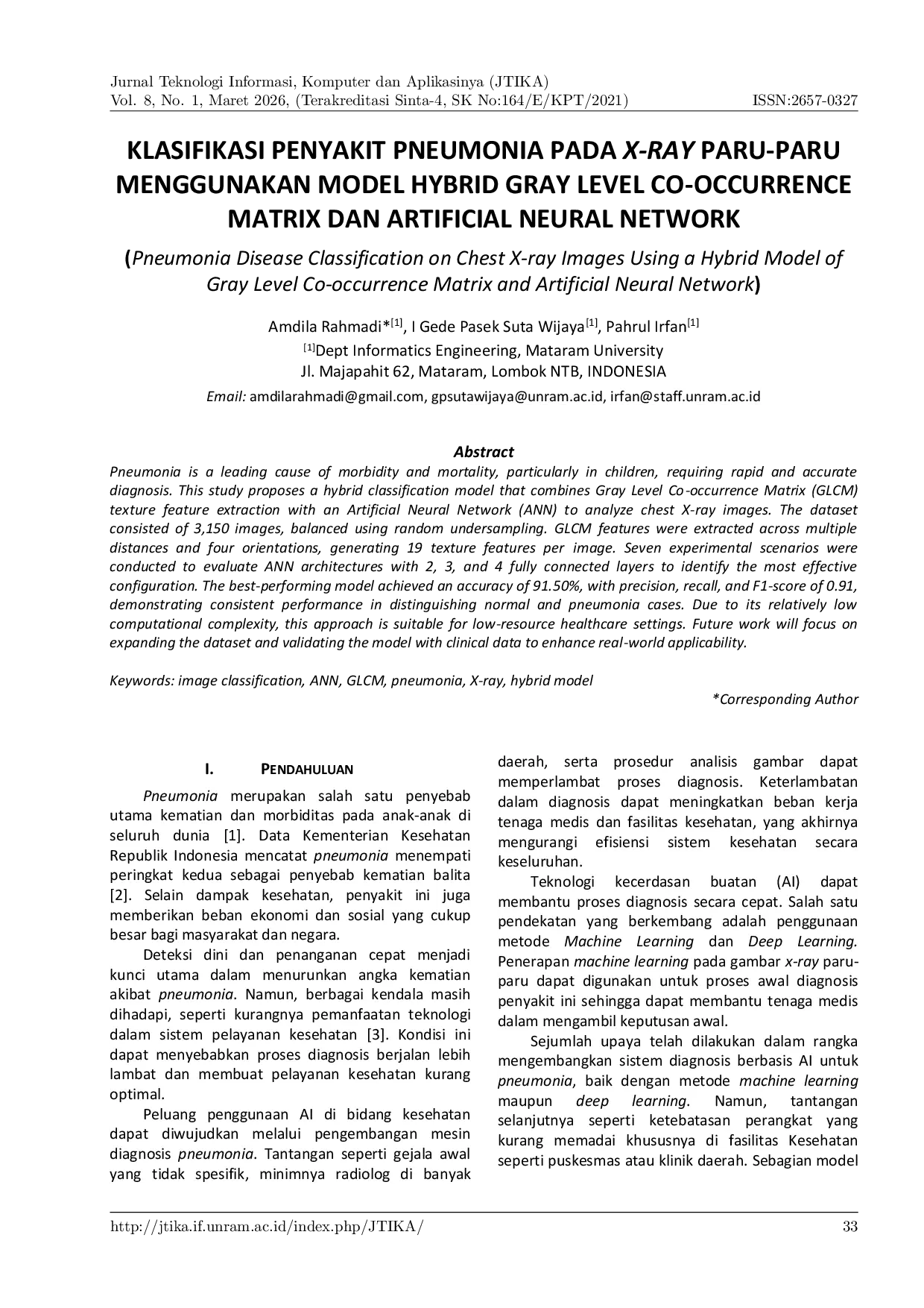 JURIS Klasifikasi Penyakit Pneumonia pada X Ray Paru Paru Menggunakan Model Hybrid GLCM ANN
