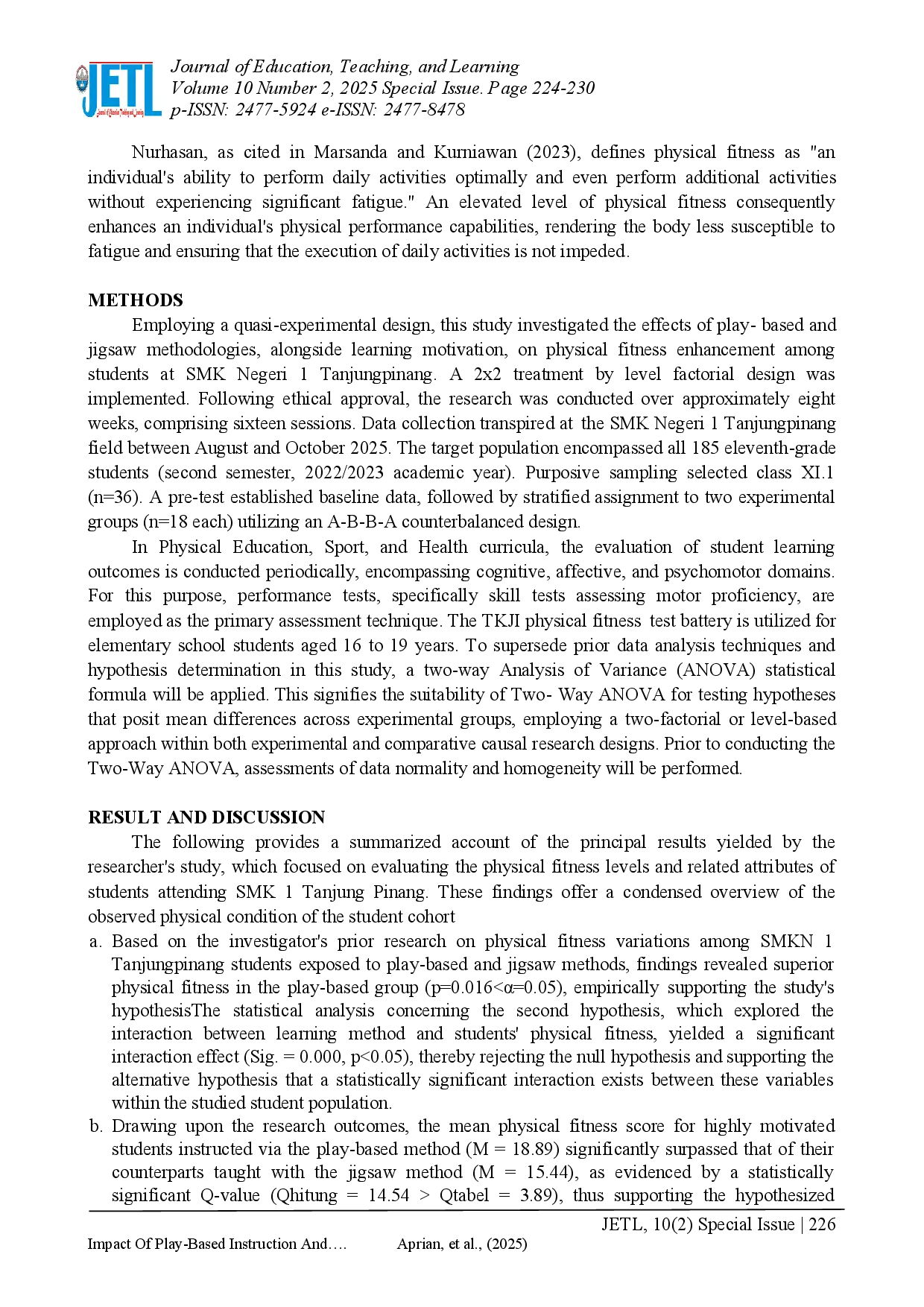 juris Impact Of Play Based Instruction And Jigsaw On Learning Motivation And Physical Fitness In Smk Tanjungpinang
