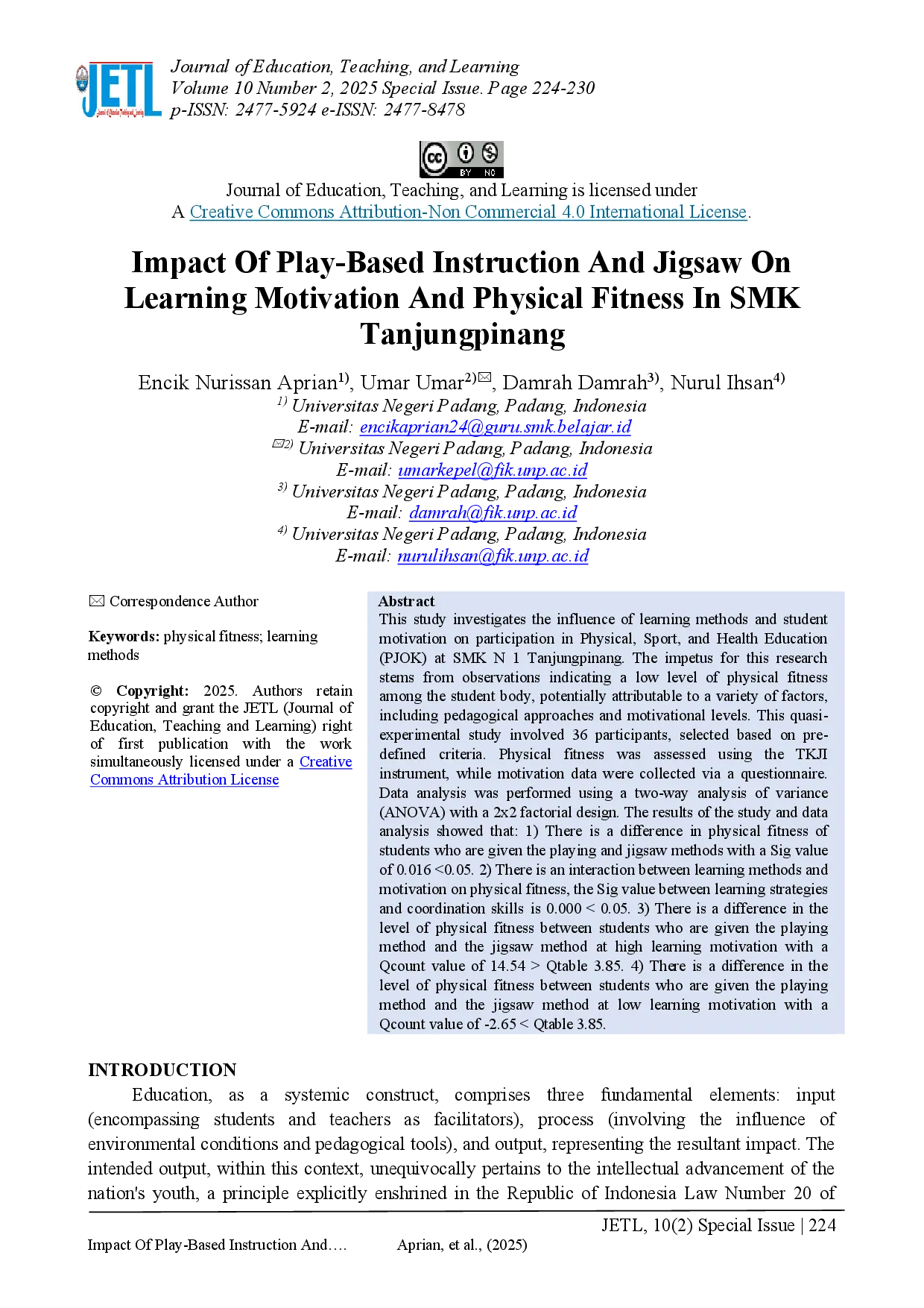 juris Impact Of Play Based Instruction And Jigsaw On Learning Motivation And Physical Fitness In Smk Tanjungpinang