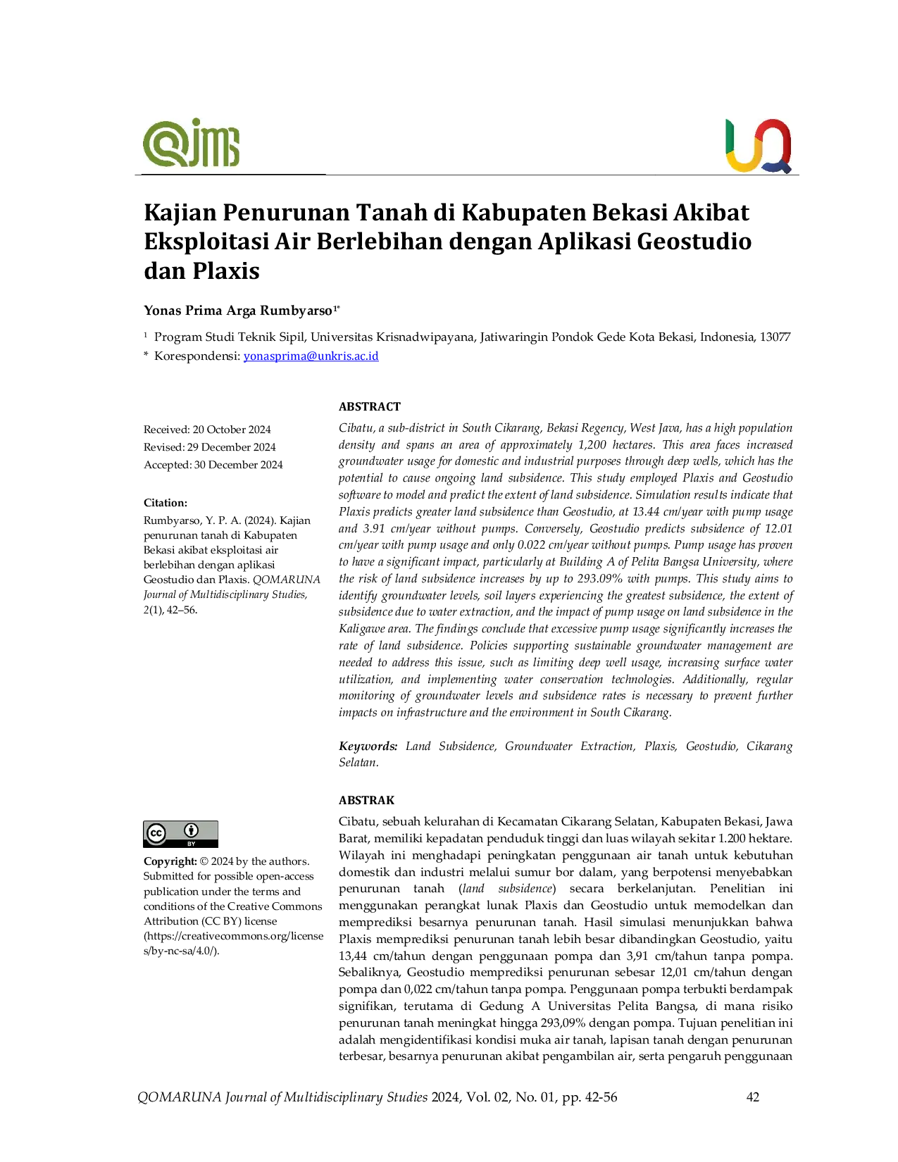 JURIS Kajian Penurunan Tanah di Kabupaten Bekasi Akibat Eksploitasi Air Berlebihan dengan Aplikasi Geostudio dan Plaxis