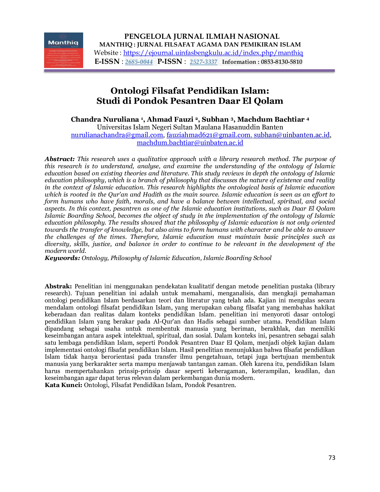 JURIS Ontologi Filsafat Pendidikan Islam Studi di Pondok Pesantren Daar El Qolam