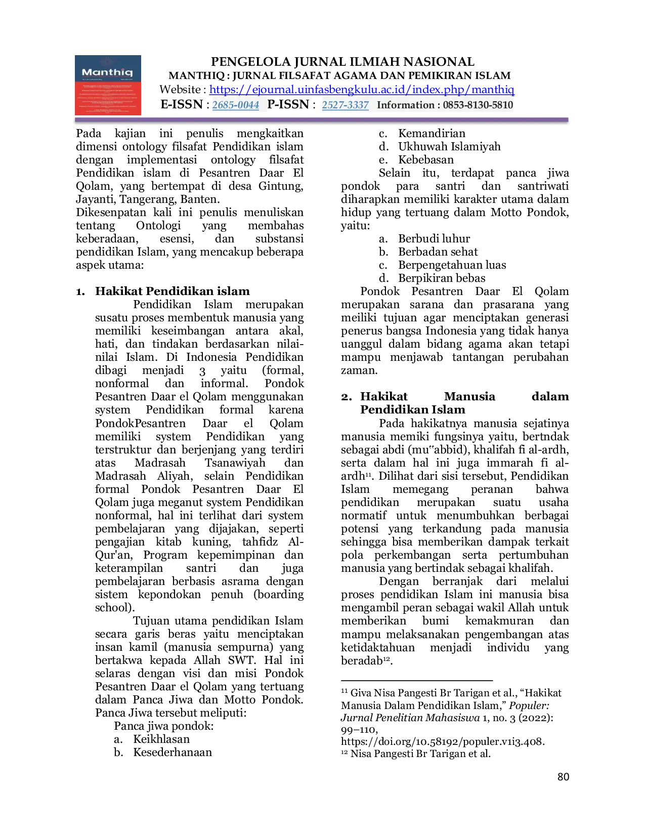 JURIS Ontologi Filsafat Pendidikan Islam Studi di Pondok Pesantren Daar El Qolam