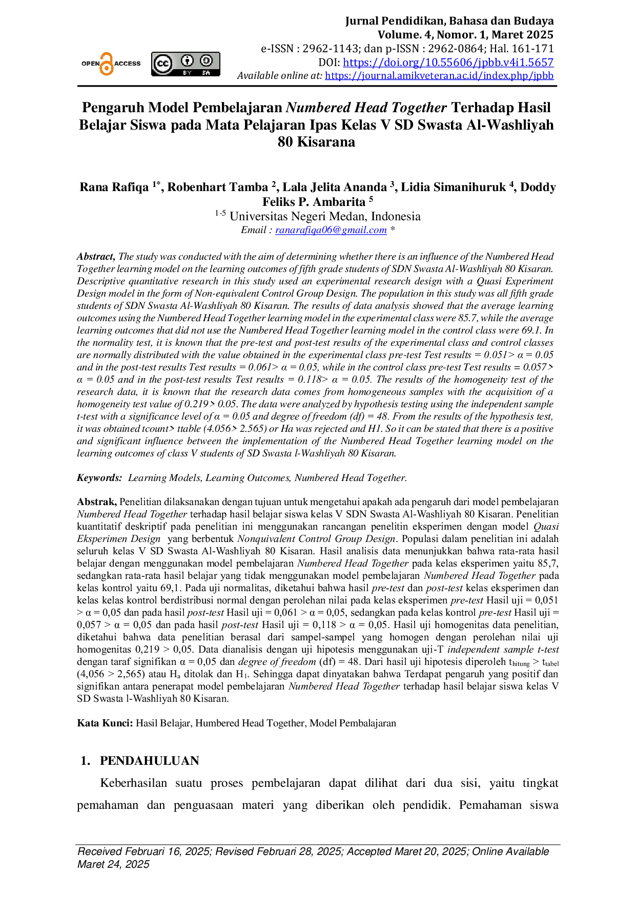 JURIS Pengaruh Model Pembelajaran Numbered Head Together Terhadap Hasil Belajar Siswa pada Mata Pelajaran Ipas Kelas V SD Swasta Al Washliyah 80 Kisaran