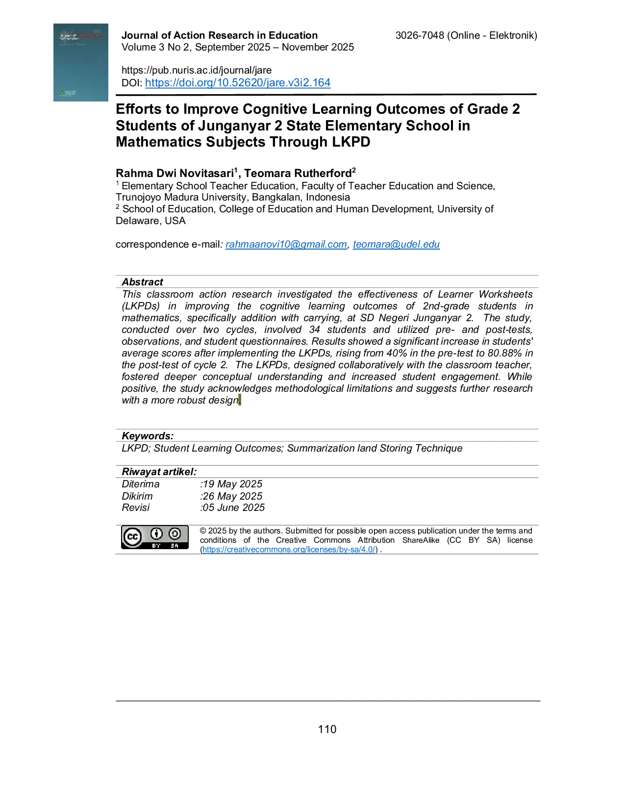 JURIS Efforts to Improve Cognitive Learning Outcomes of Grade 2 Students of Junganyar 2 State Elementary School in Mathematics Subjects Through LKPD