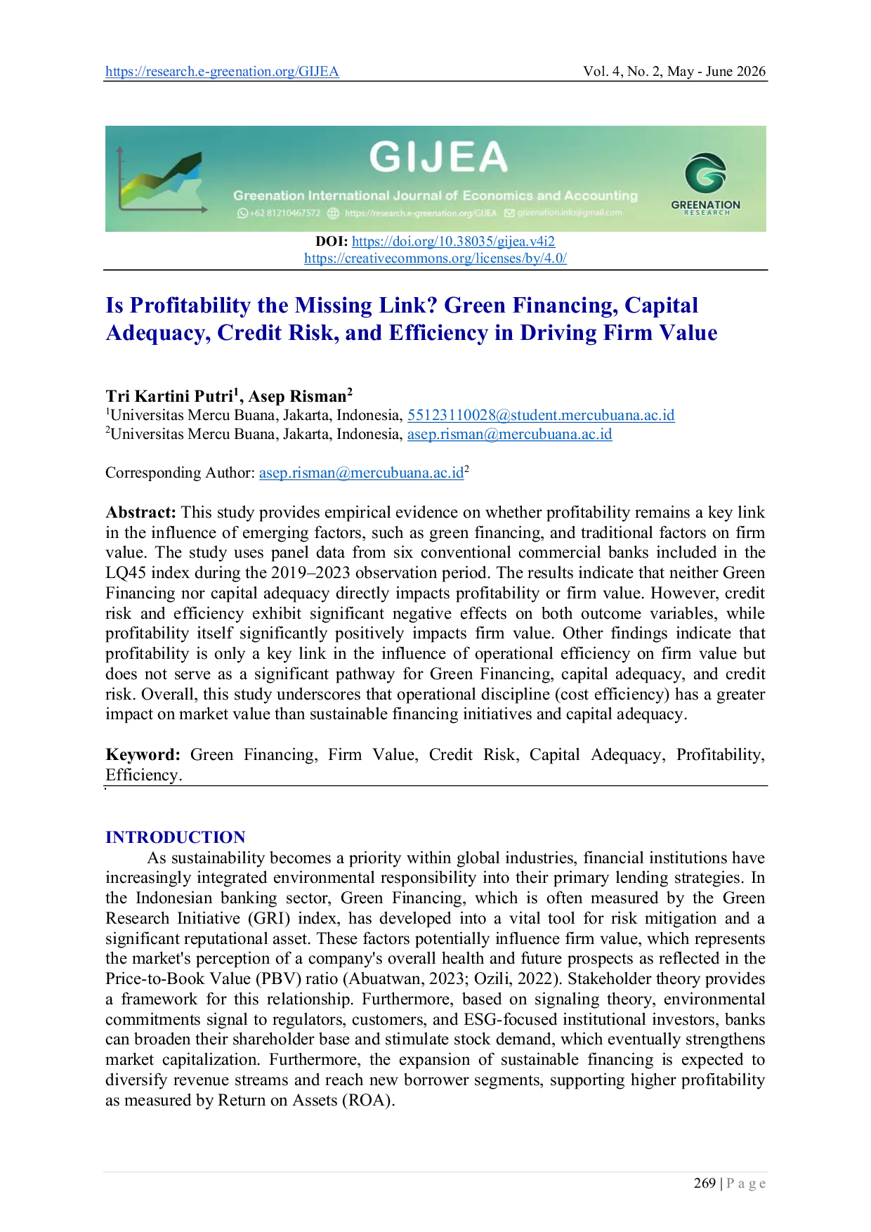 JURIS Is Profitability the Missing Link Green Financing Capital Adequacy Credit Risk and Efficiency in Driving Firm Value