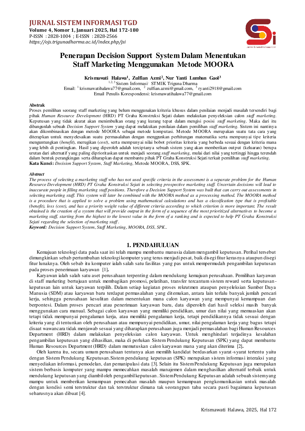 JURIS Penerapan Decision Support System Dalam Menentukan Staff Marketing Menggunakan Metode MOORA