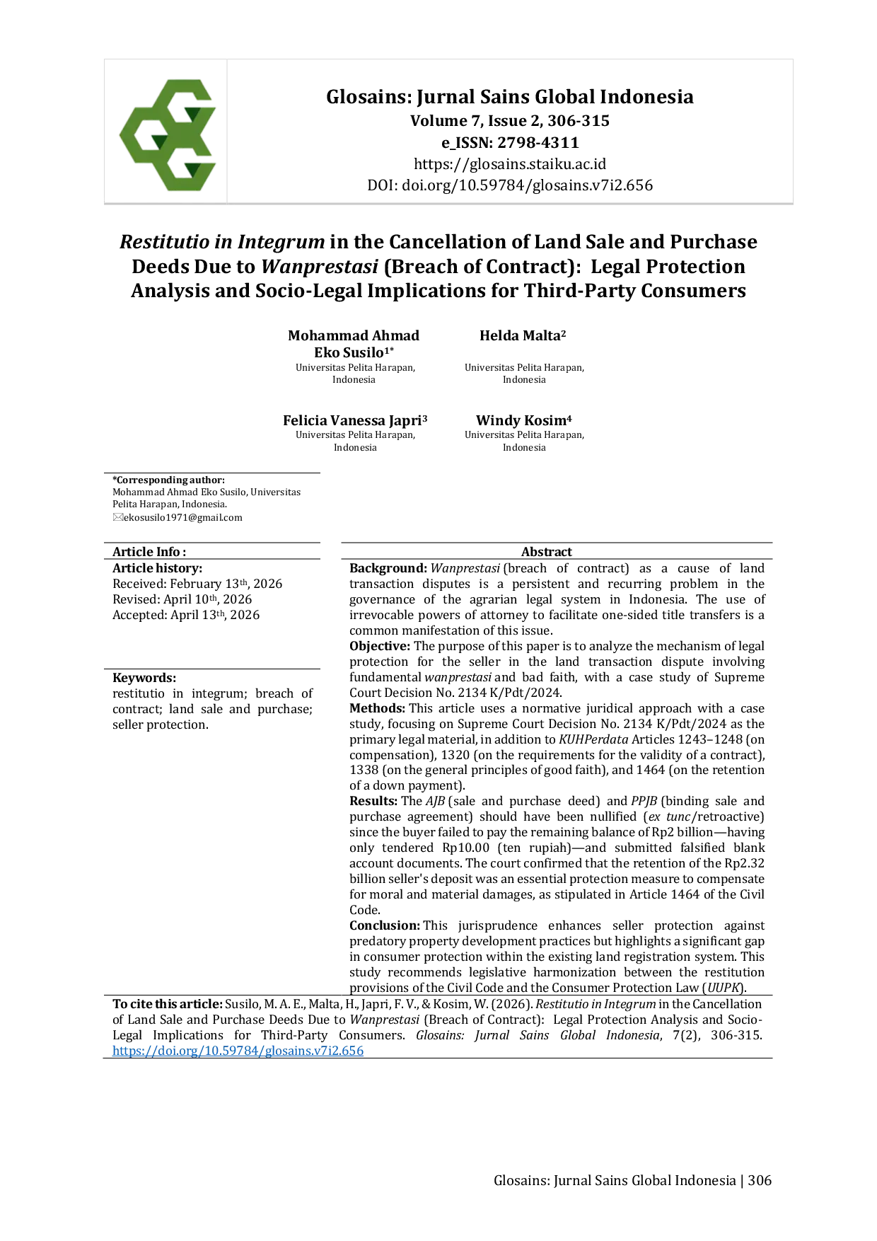 JURIS Restitutio in Integrum in the Cancellation of Land Sale and Purchase Deeds Due to Wanprestasi Breach of Contract Legal Protection Analysis and Socio Legal Implications for Third Party Consumers