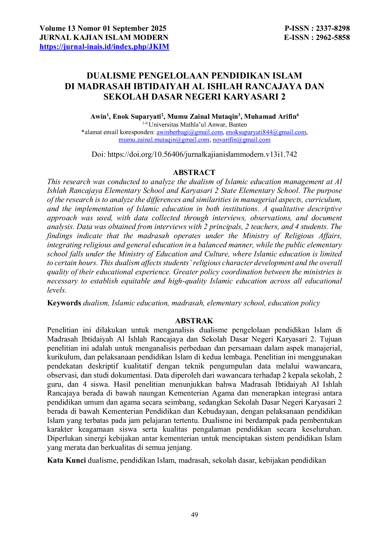 JURIS Dualisme Pengelolaan Pendidikan Islam Di Madrasah Ibtidaiyah Al Ishlah Rancajaya Dan Sekolah Dasar Negeri Karyasari 2