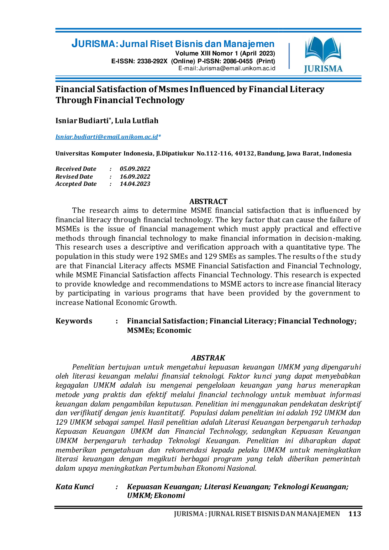 JURIS Financial Satisfaction of MSMES Influenced by Financial Literacy through Financial Technology