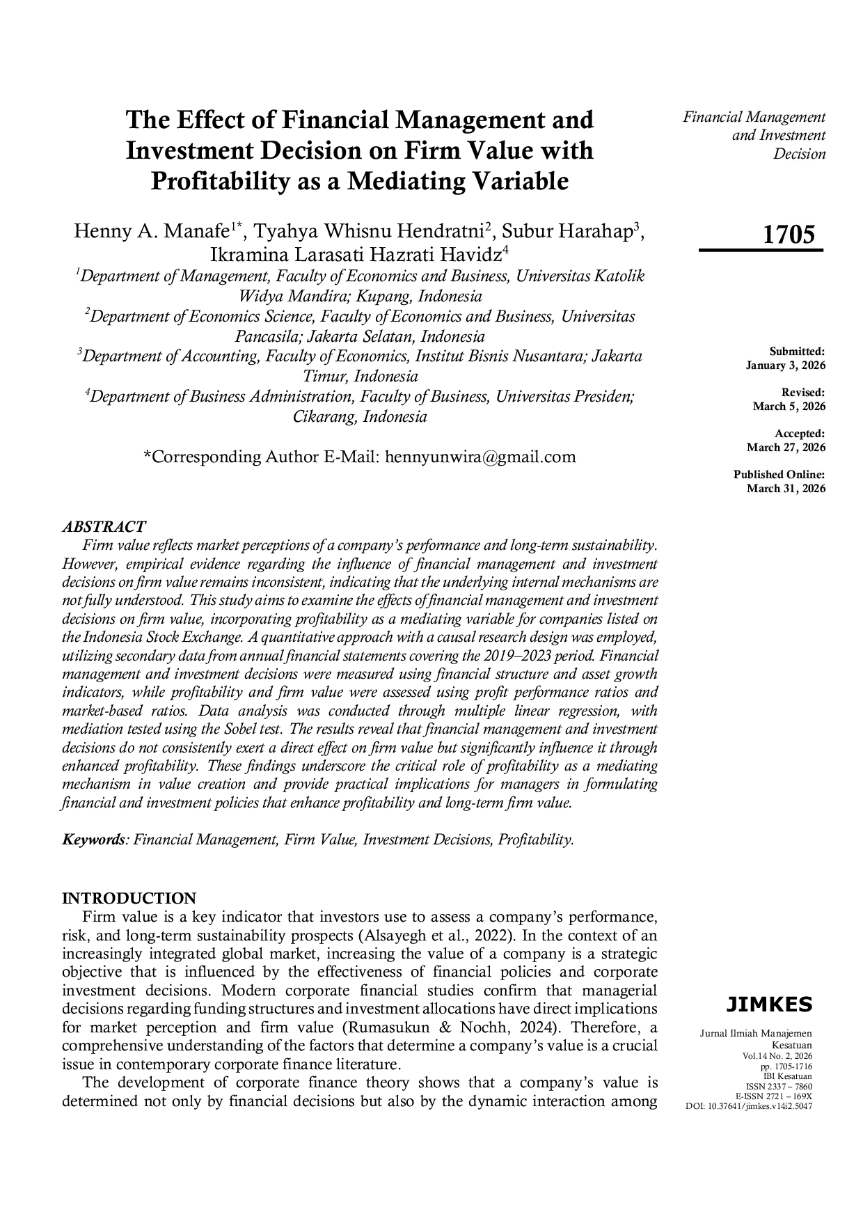 JURIS The Effect of Financial Management and Investment Decision on Firm Value with Profitability as a Mediating Variable