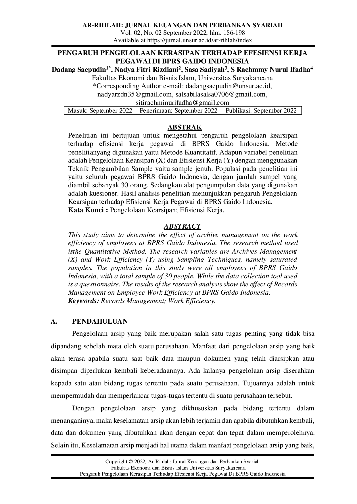 JURIS Pengaruh Pengelolaan Kerasipan Terhadap Efesiensi Kerja Pegawai Di BPRS Gaido Indonesia