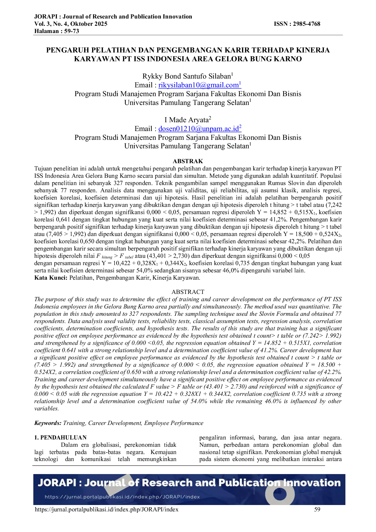 JURIS Pengaruh Pelatihan Dan Pengembangan Karir Terhadap Kinerja Karyawan Pt Iss Indonesia Area Gelora Bung Karno
