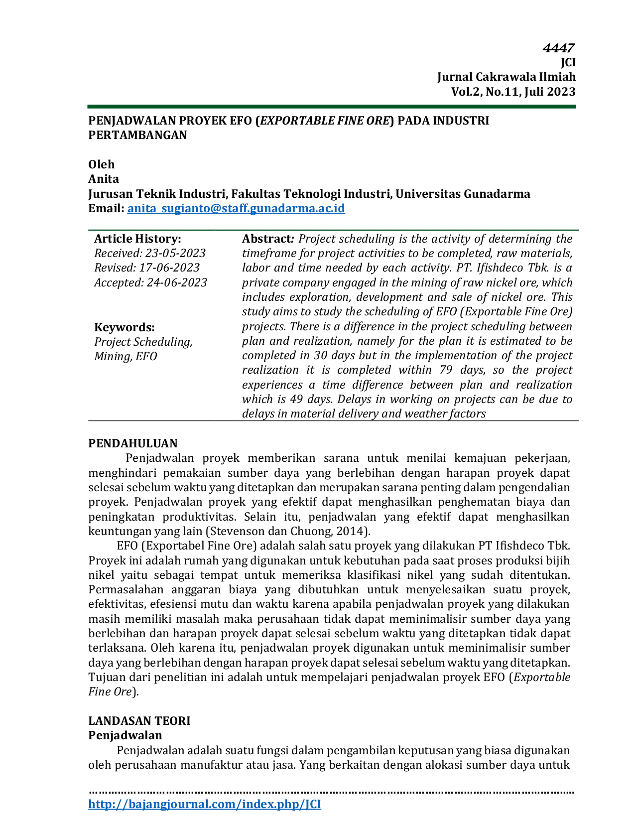 JURIS Penjadwalan Proyek EFO Exportable Fine Ore Pada Industri Pertambangan