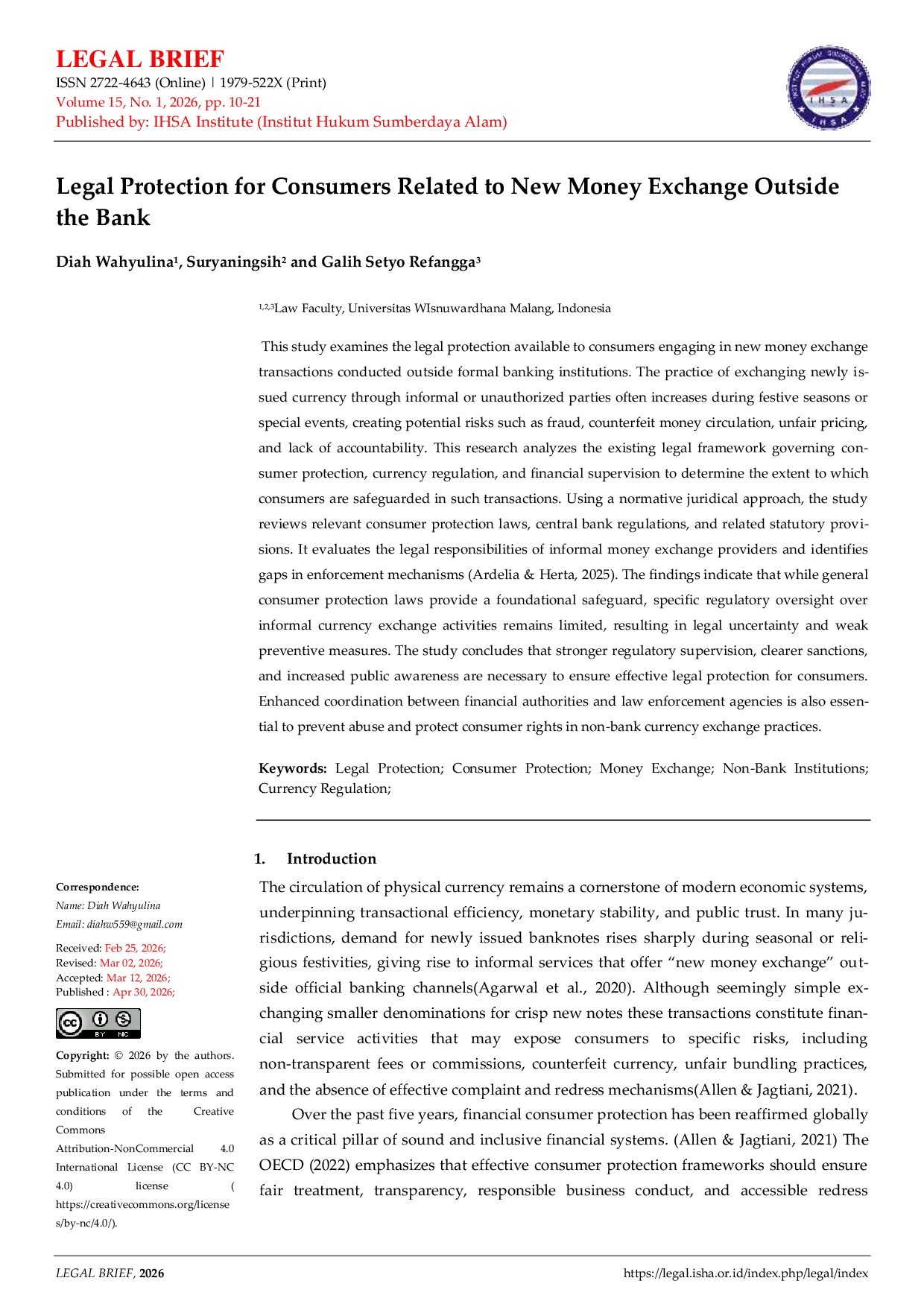 JURIS Legal Protection for Consumers Related to New Money Exchange Outside the Bank