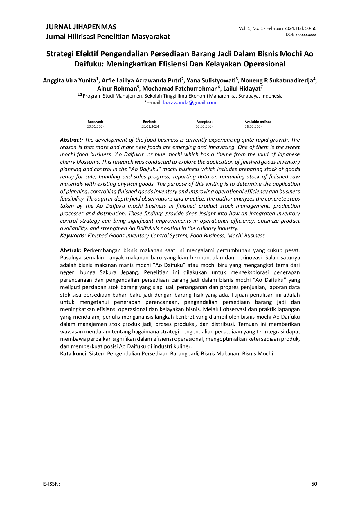 JURIS Strategi Efektif Pengendalian Persediaan Barang Jadi Dalam Bisnis Mochi Ao Daifuku Meningkatkan Efisiensi Dan Kelayakan Operasional