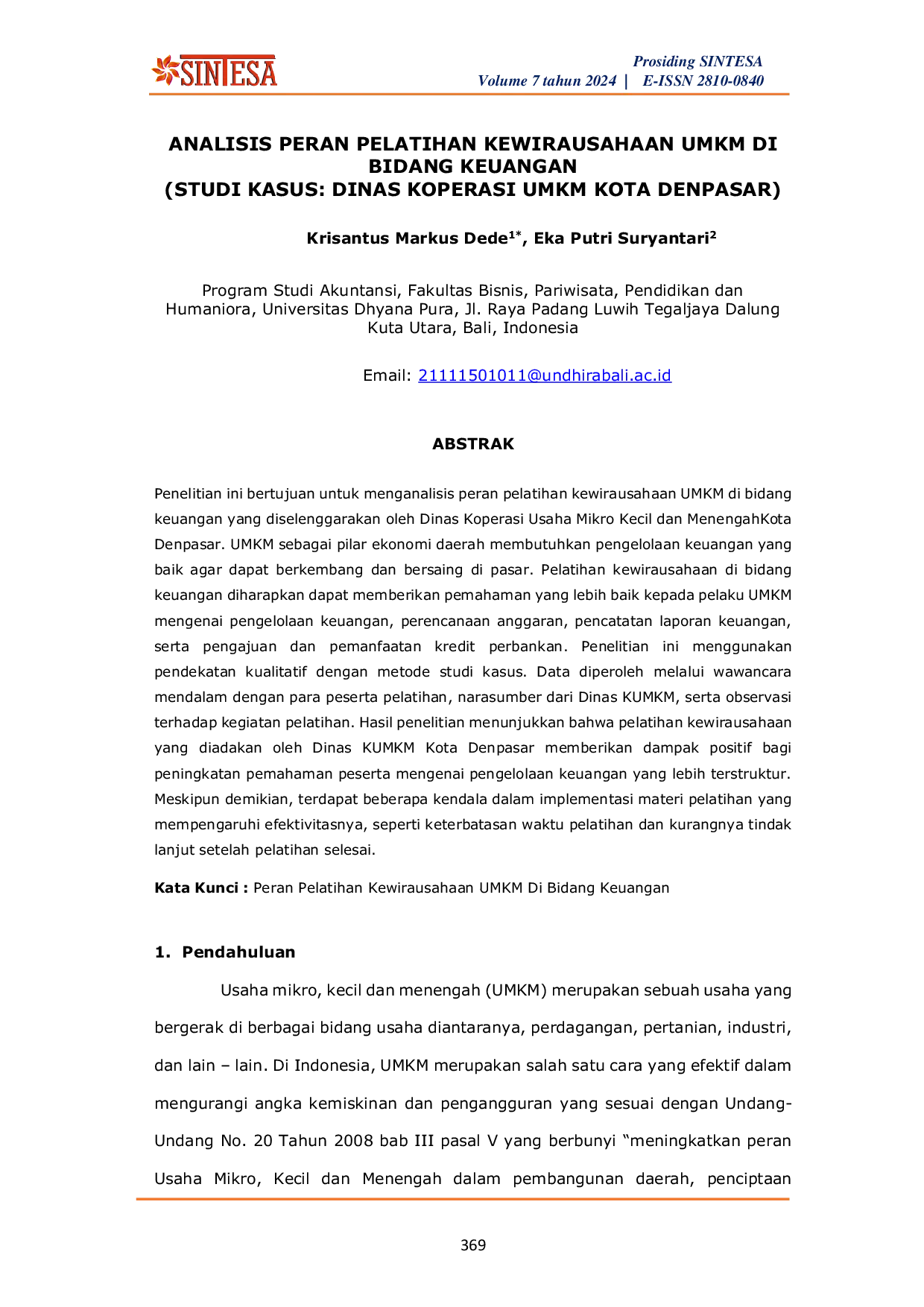 JURIS Analisis Peran Pelatihan Kewirausahaan Umkm Di Bidang Keuangan Studi Kasus Dinas Koperasi Umkm Kota Denpasar