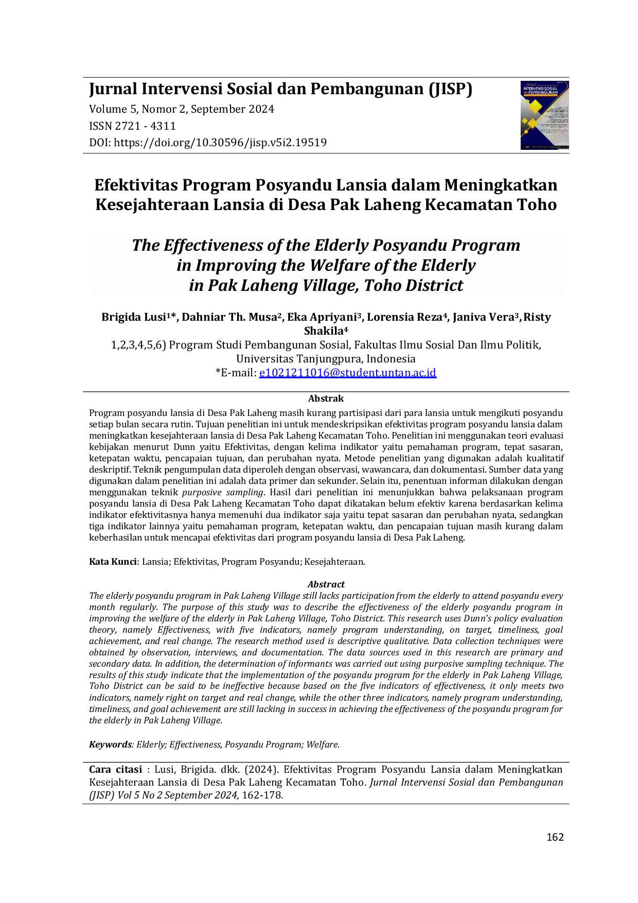 JURIS Efektivitas Program Posyandu Lansia dalam Meningkatkan Kesejahteraan Lansia di Desa Pak Laheng Kecamatan Toho
