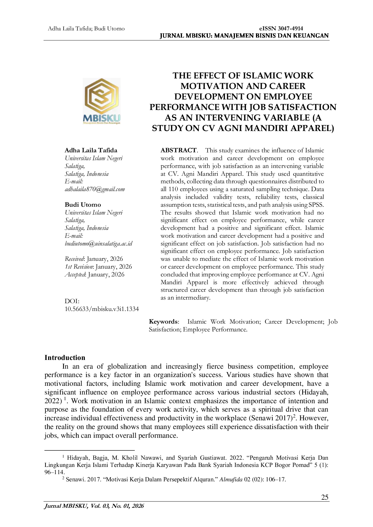 JURIS The Effect of Islamic Work Motivation and Career Development on Employee Performance with Job Satisfaction as an Intervening Variable