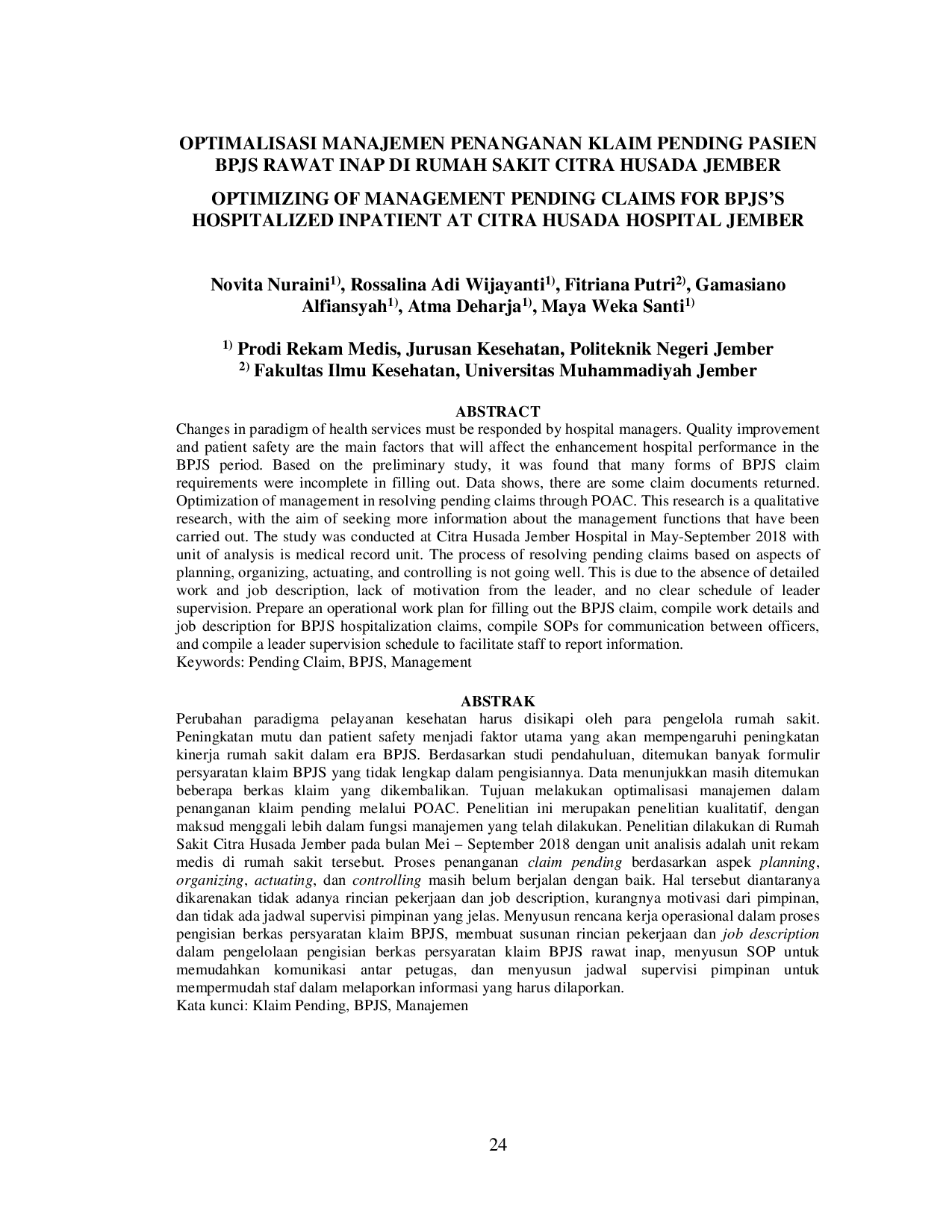 JURIS Optimalisasi Manajemen Penanganan Klaim Pending Pasien BPJS Rawat Inap Di Rumah Sakit Citra Husada Jember