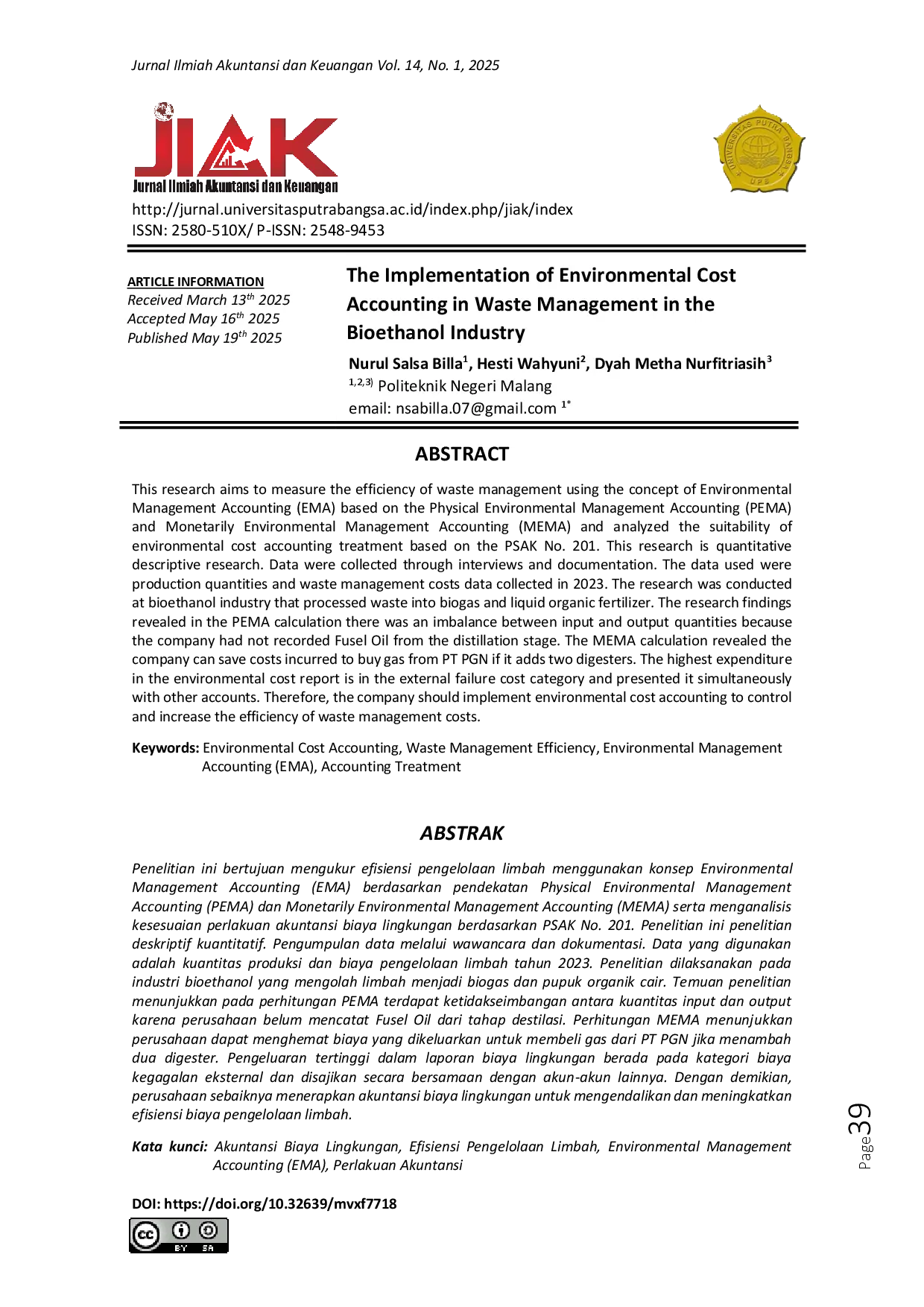 juris The Implementation of Environmental Cost Accounting in Waste Management in the Bioethanol Industry