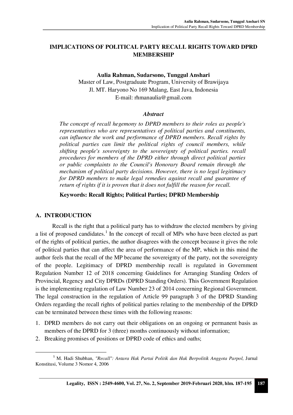 juris Implication Of Political Party Recall Rights Toward DPRD Membership