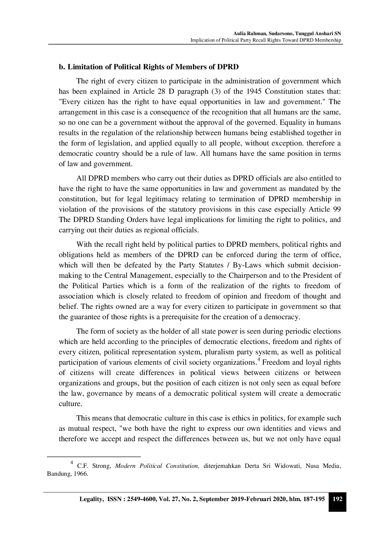 juris Implication Of Political Party Recall Rights Toward DPRD Membership