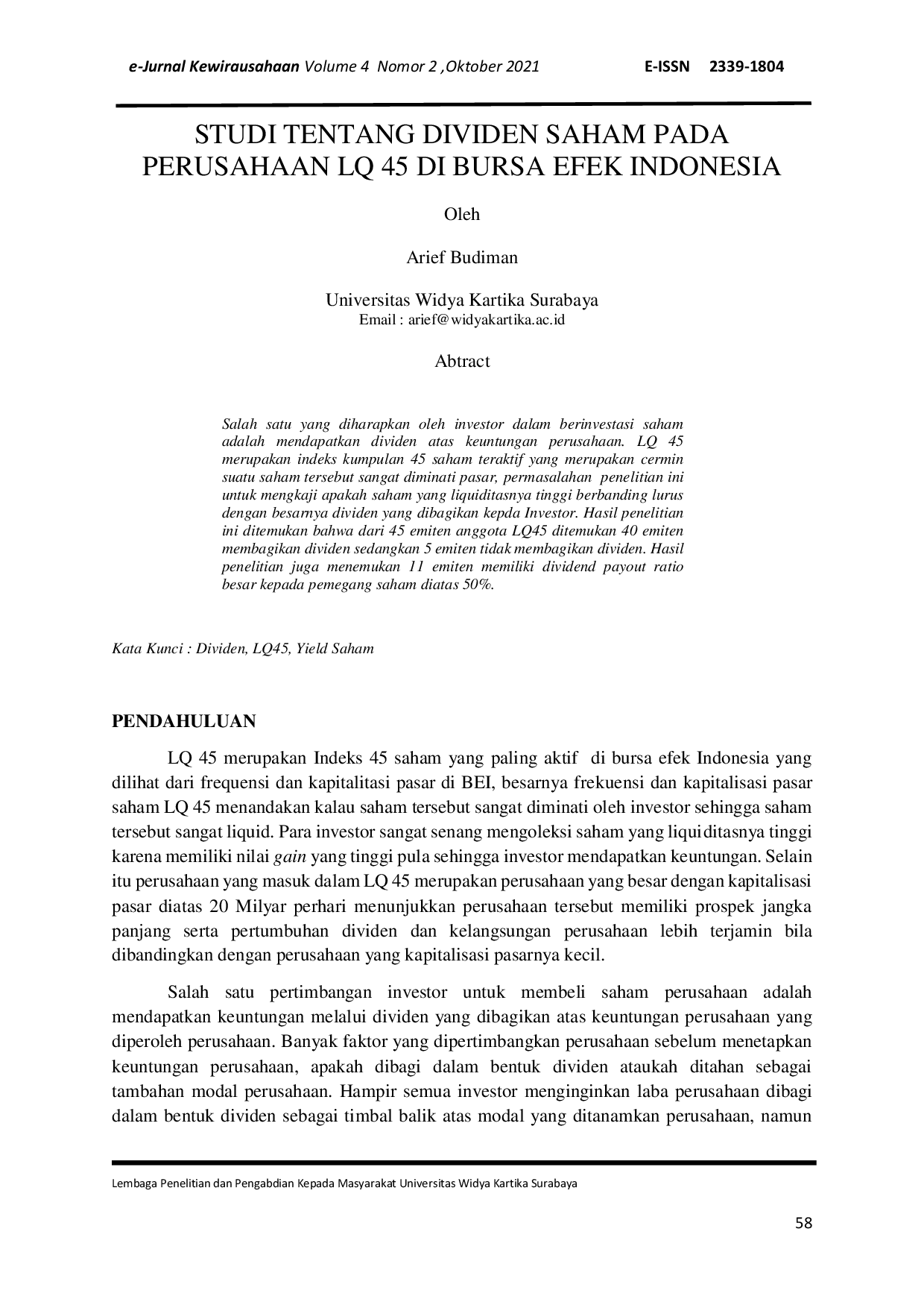 JURIS Studi Tentang Dividen Saham Pada Perusahaan Lq 45 Di Bursa Efek Indonesia