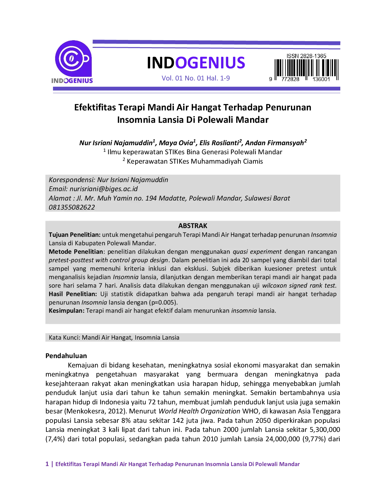 JURIS Efektifitas Terapi Mandi Air Hangat Terhadap Penurunan Insomnia Lansia Di Polewali Mandar