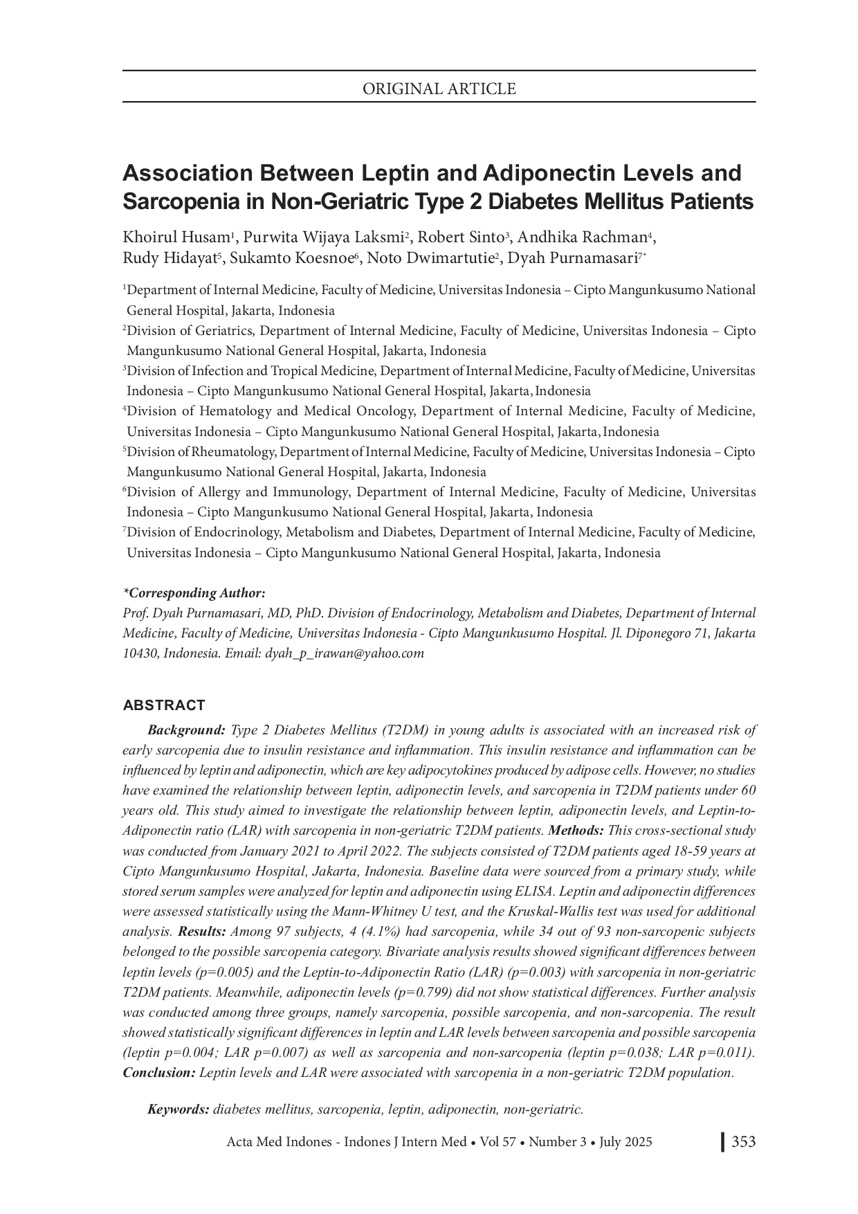 JURIS Association Between Leptin and Adiponectin Levels and Sarcopenia in Non Geriatric Type 2 Diabetes Mellitus Patients