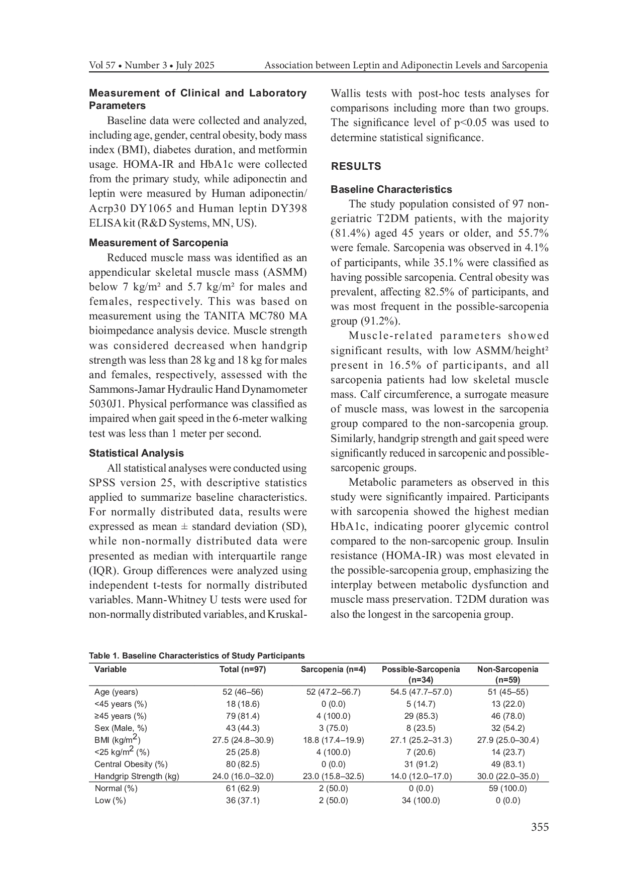 JURIS Association Between Leptin and Adiponectin Levels and Sarcopenia in Non Geriatric Type 2 Diabetes Mellitus Patients
