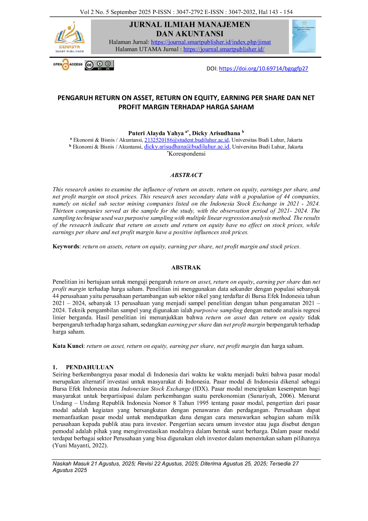 JURIS PENGARUH RETURN ON ASSET RETURN ON EQUITY EARNING PER SHARE DAN NET PROFIT MARGIN TERHADAP HARGA SAHAM
