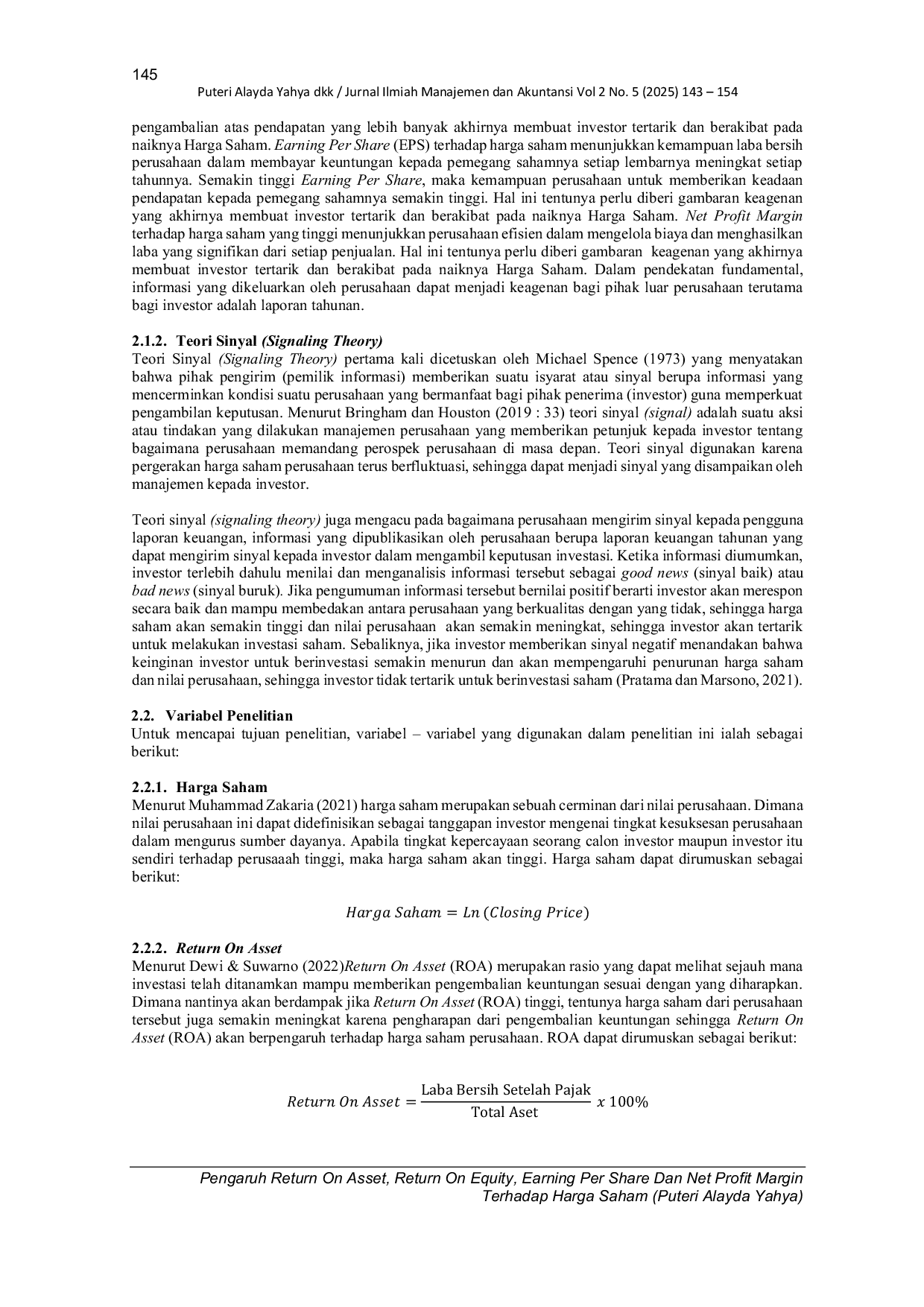 JURIS PENGARUH RETURN ON ASSET RETURN ON EQUITY EARNING PER SHARE DAN NET PROFIT MARGIN TERHADAP HARGA SAHAM