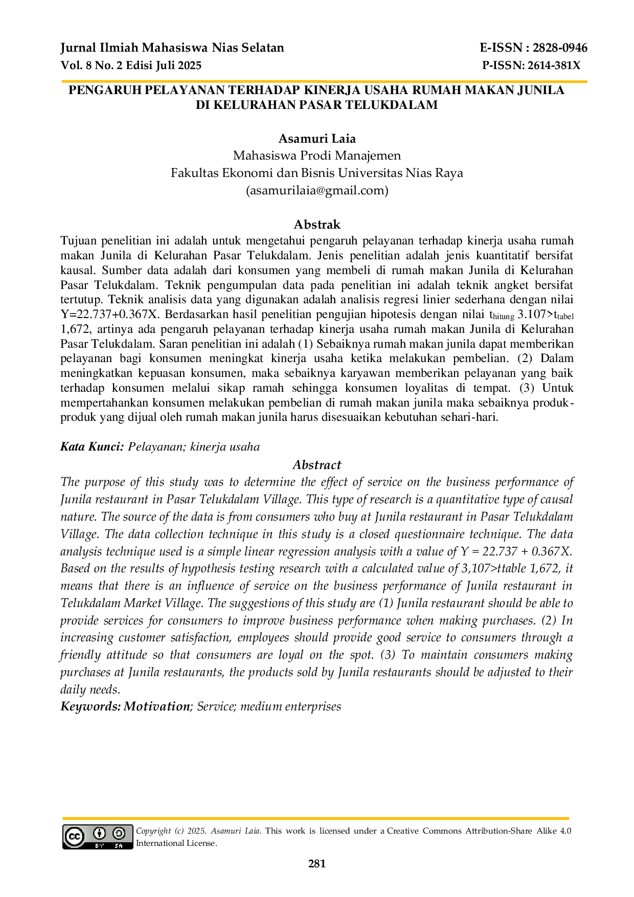JURIS Pengaruh Pelayanan Terhadap Kinerja Usaha Rumah Makan Junila di Kelurahan Pasar Telukdalam
