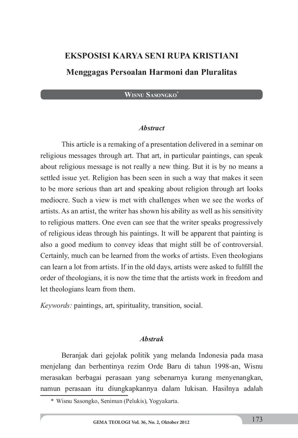 JURIS EKSPOSISI KARYA SENI RUPA KRISTIANI Menggagas Persoalan Harmoni dan Pluralitas