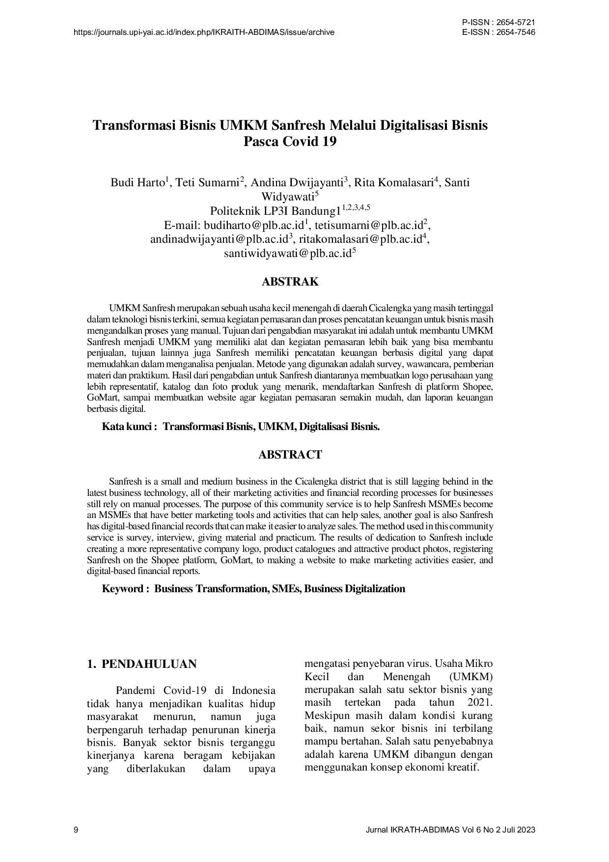 JURIS Transformasi Bisnis UMKM Sanfresh Melalui Digitalisasi Bisnis Pasca Covid 19