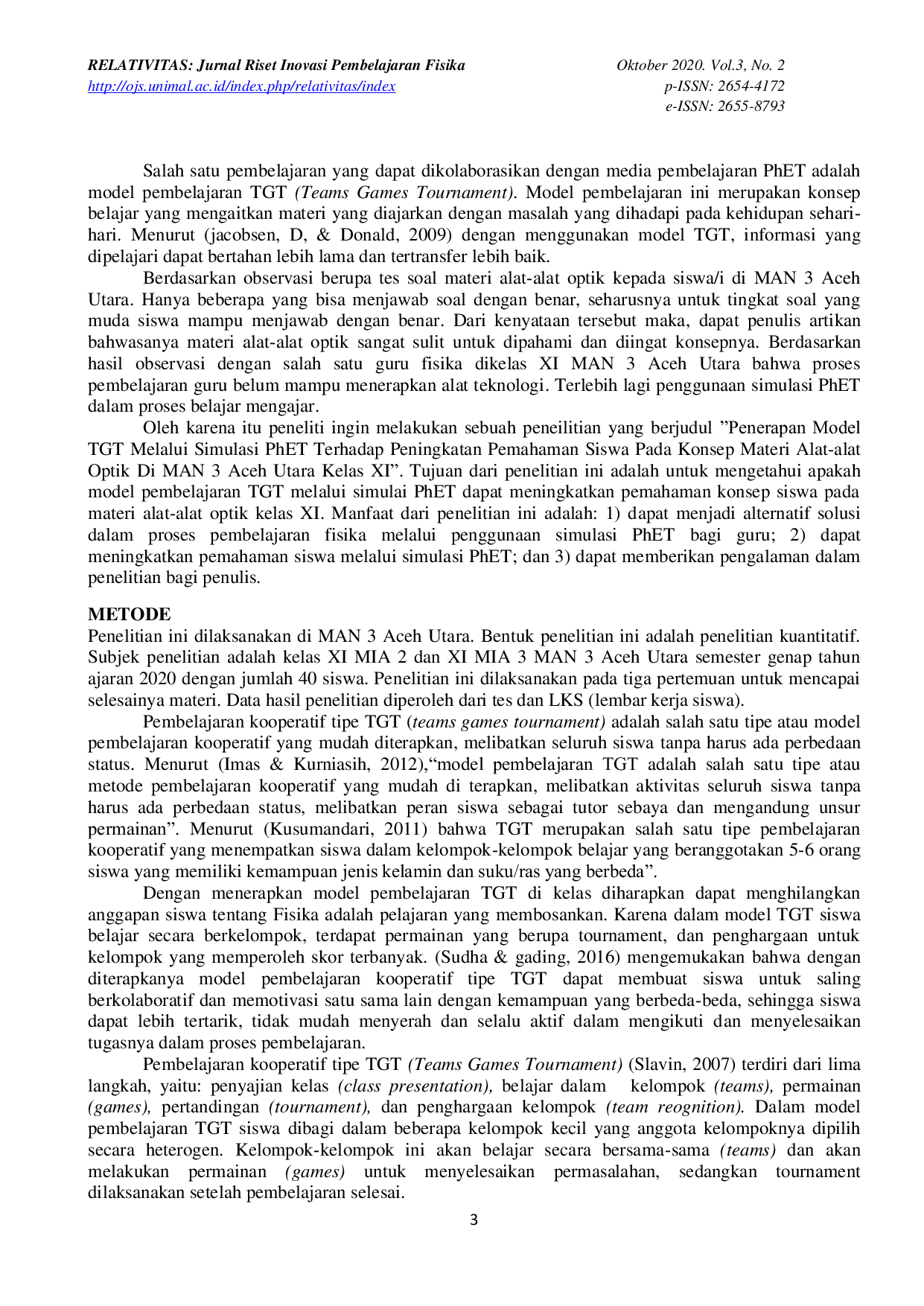 JURIS PENERAPAN MODEL TGT MELALUI SIMULASI PhET TERHADAP PENINGKATAN PEMAHAMAN SISWA PADA ALAT ALAT OPTIK