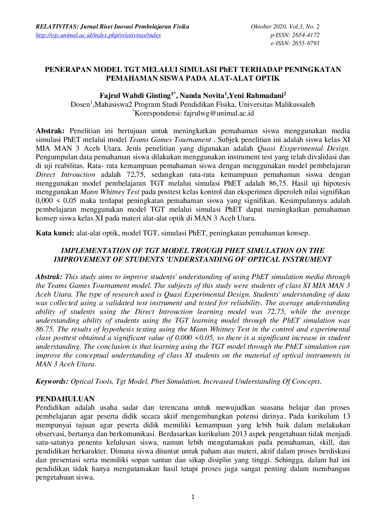 JURIS PENERAPAN MODEL TGT MELALUI SIMULASI PhET TERHADAP PENINGKATAN PEMAHAMAN SISWA PADA ALAT ALAT OPTIK