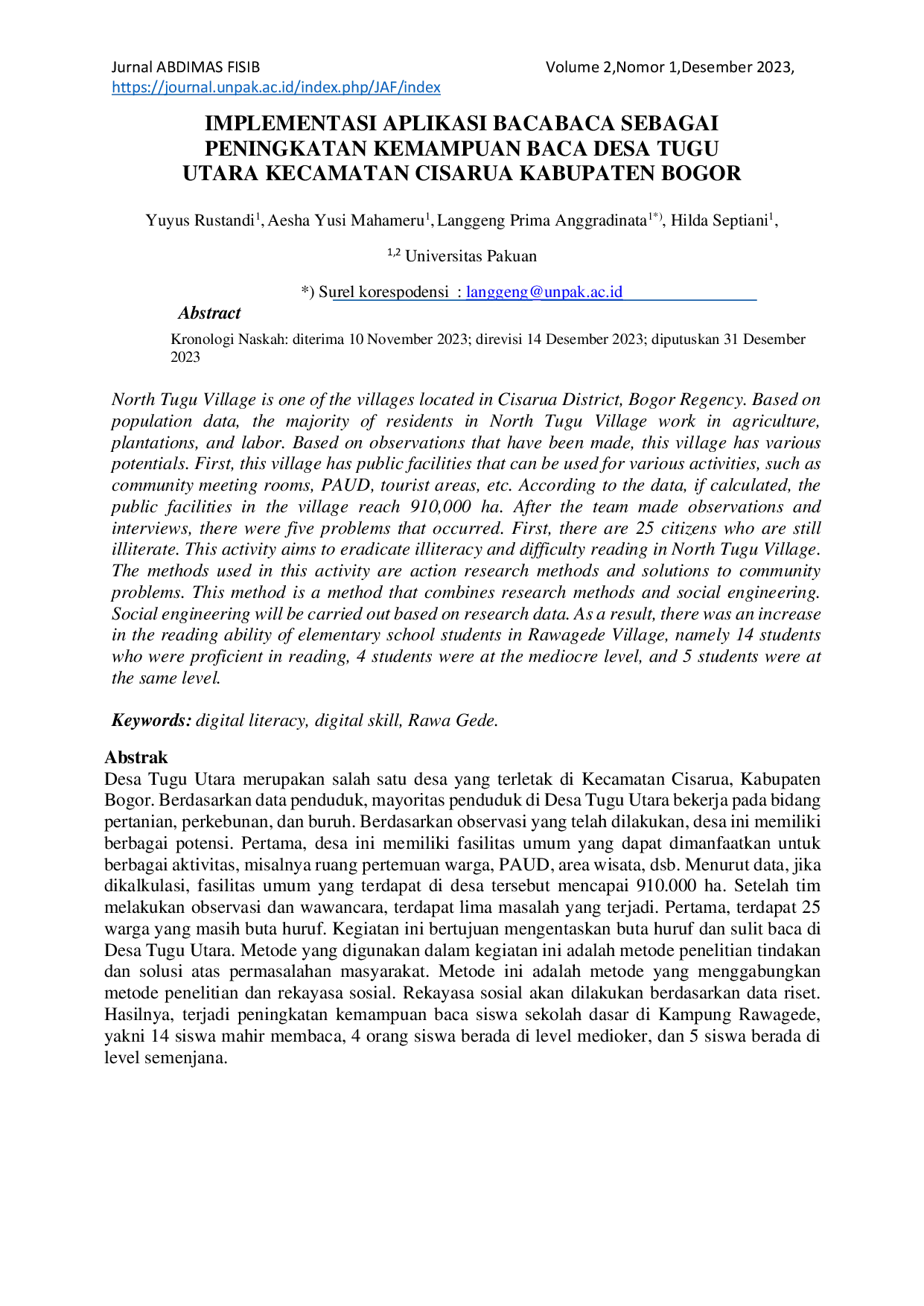 JURIS Implementasi Aplikasi Bacabaca Sebagai Peningkatan Kemampuan Baca Desa Tugu Utara Kecamatan Cisarua Kabupaten Bogor