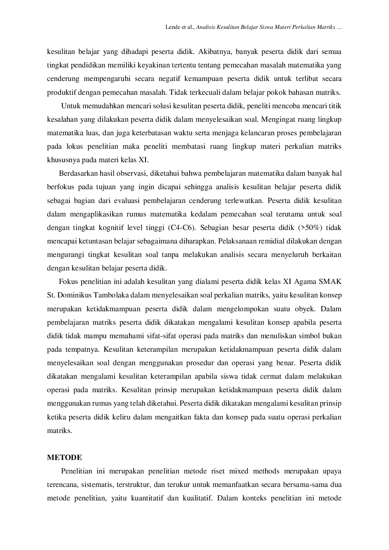 JURIS Analisis Kesulitan Belajar Siswa Materi Perkalian Matriks di Kelas XI SMAK ST Dominikus Tambolaka